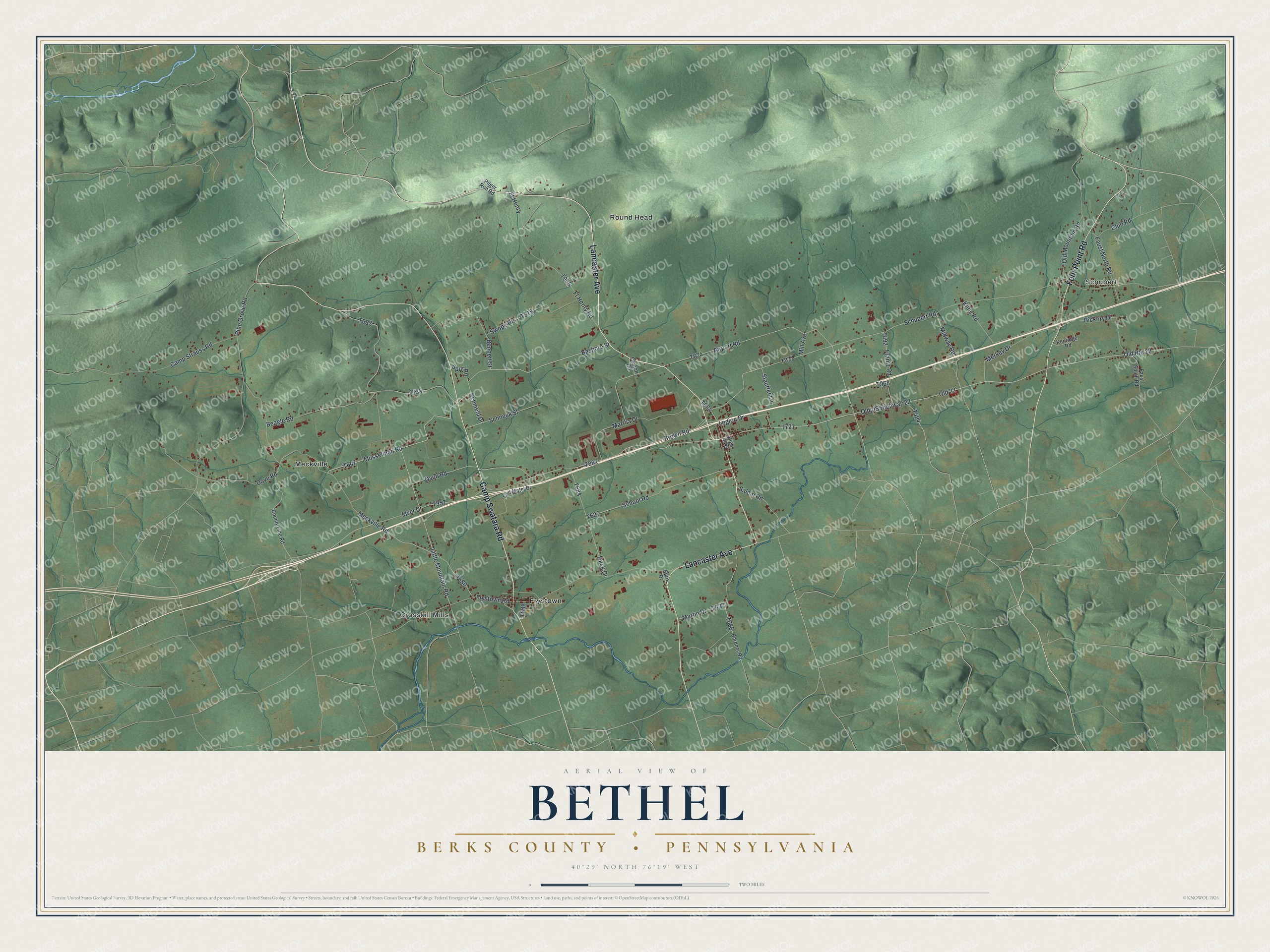 Full map of Bethel, Berks County, Pennsylvania, with red buildings, printed street names and the land around them