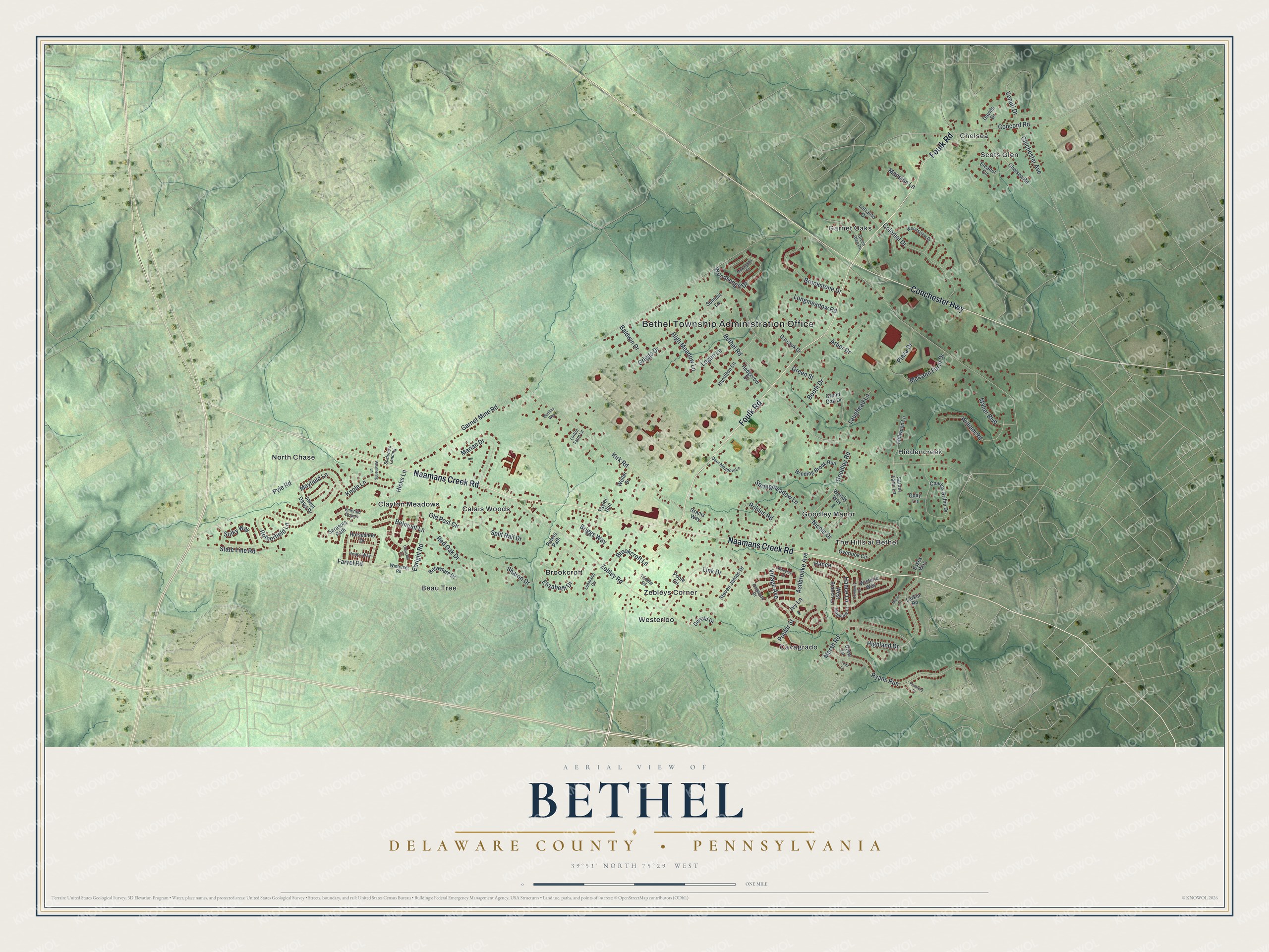 Full map of Bethel, Delaware County, Pennsylvania, with red buildings, printed street names and the land around them