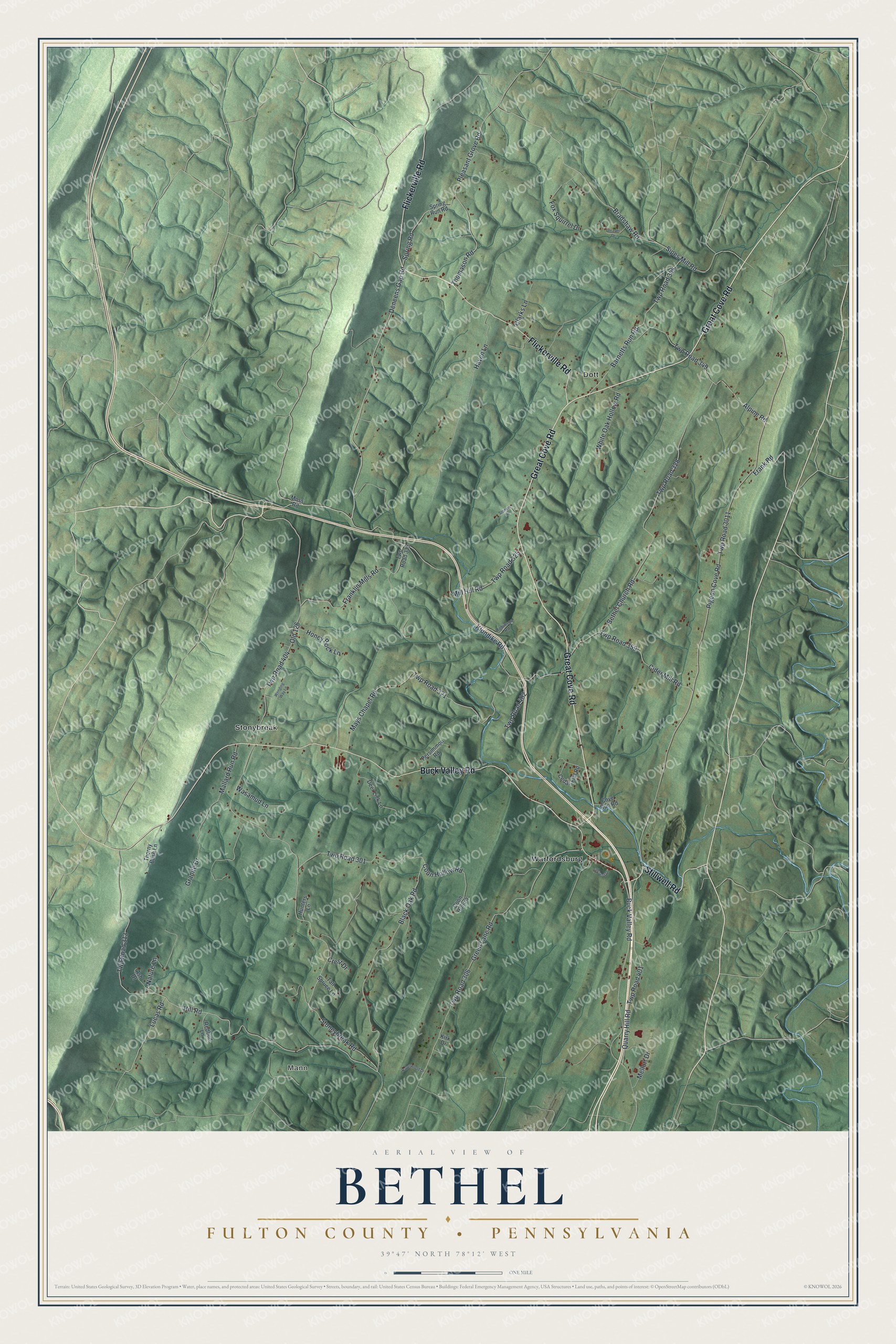Full map of Bethel, Fulton County, Pennsylvania, with red buildings, printed street names and the land around them