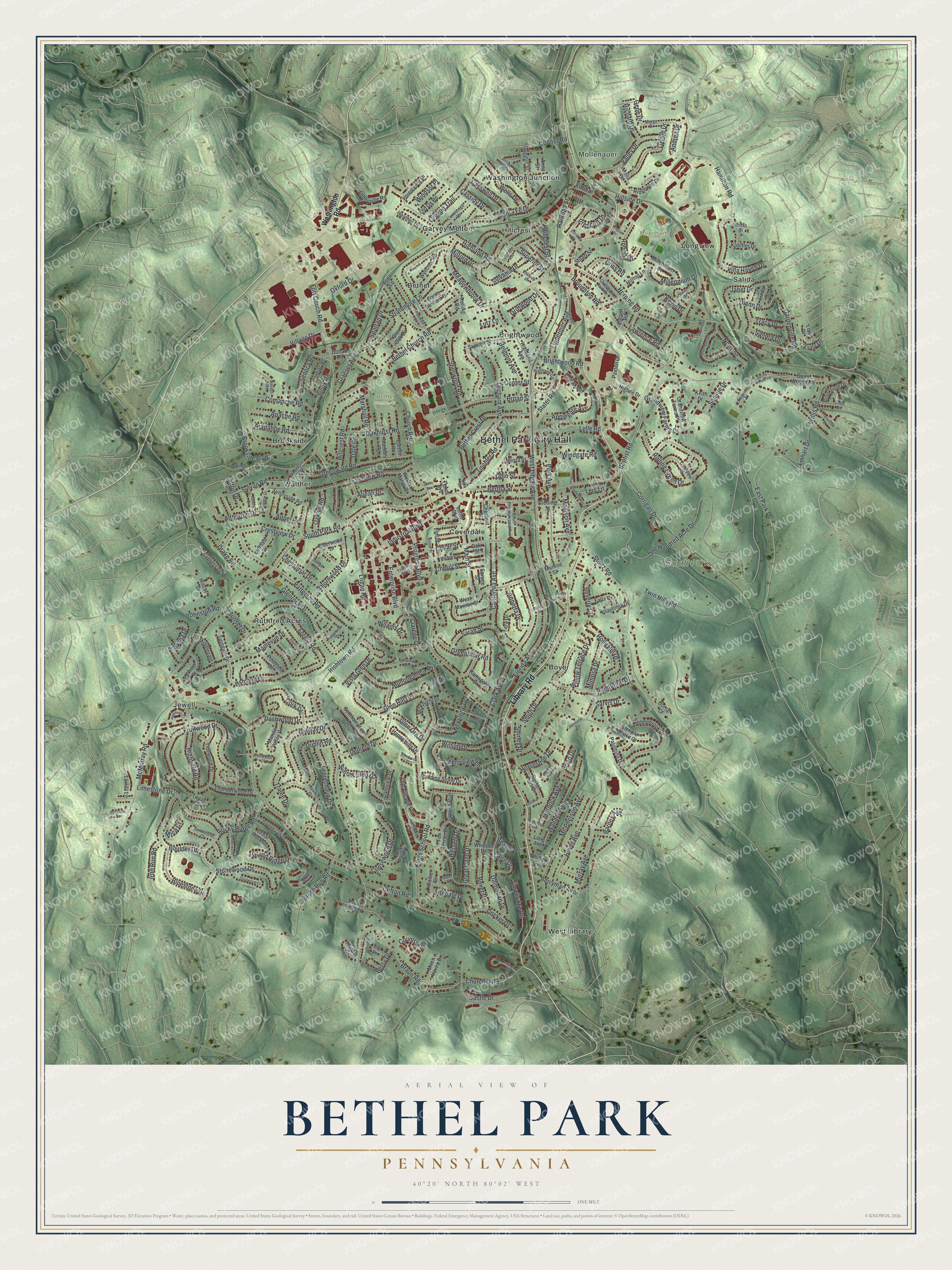 Full map of Bethel Park municipality, Pennsylvania, with red buildings, printed street names and the land around them