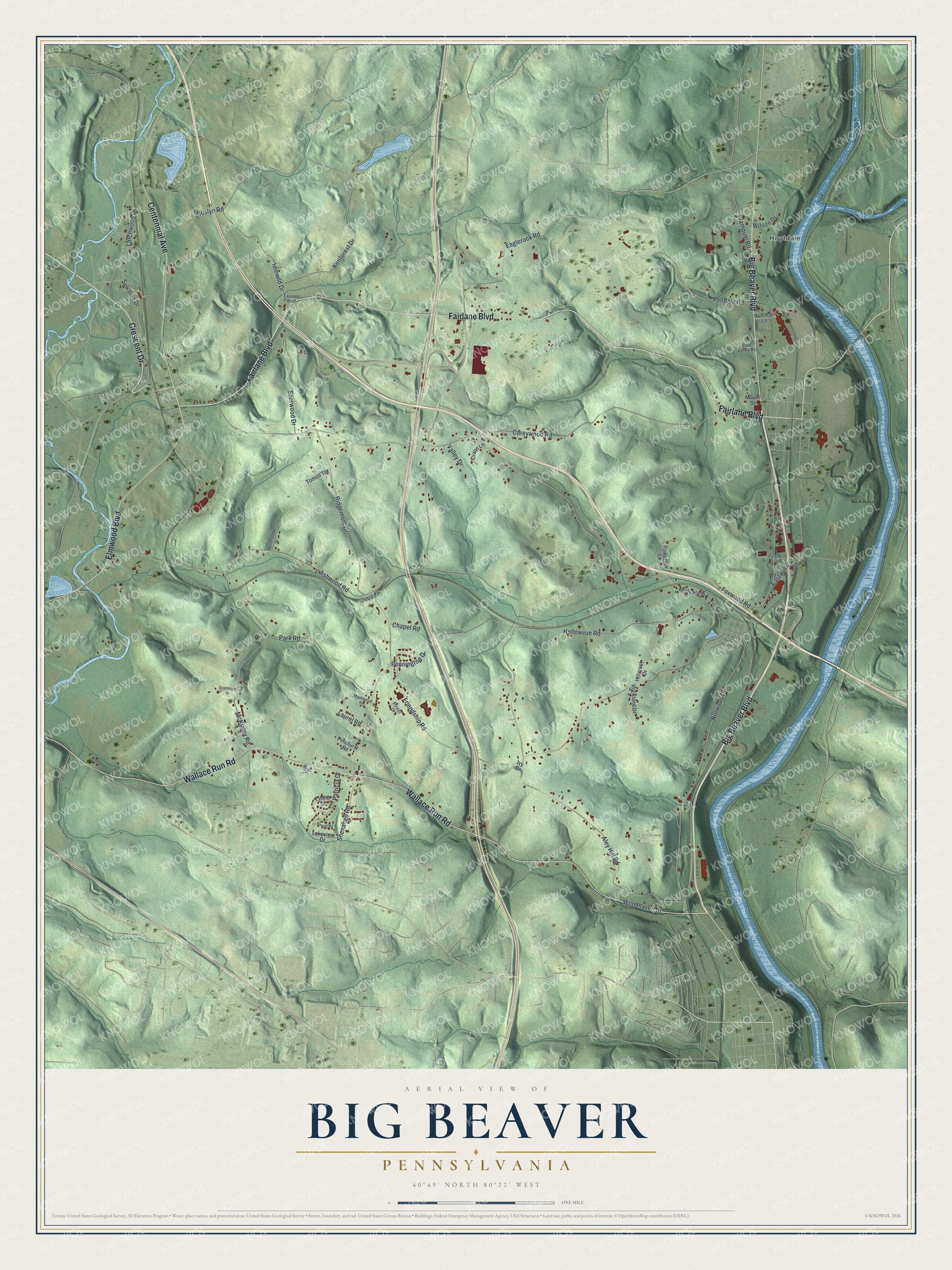 Full map of Big Beaver, Pennsylvania, with red buildings, printed street names and the land around them