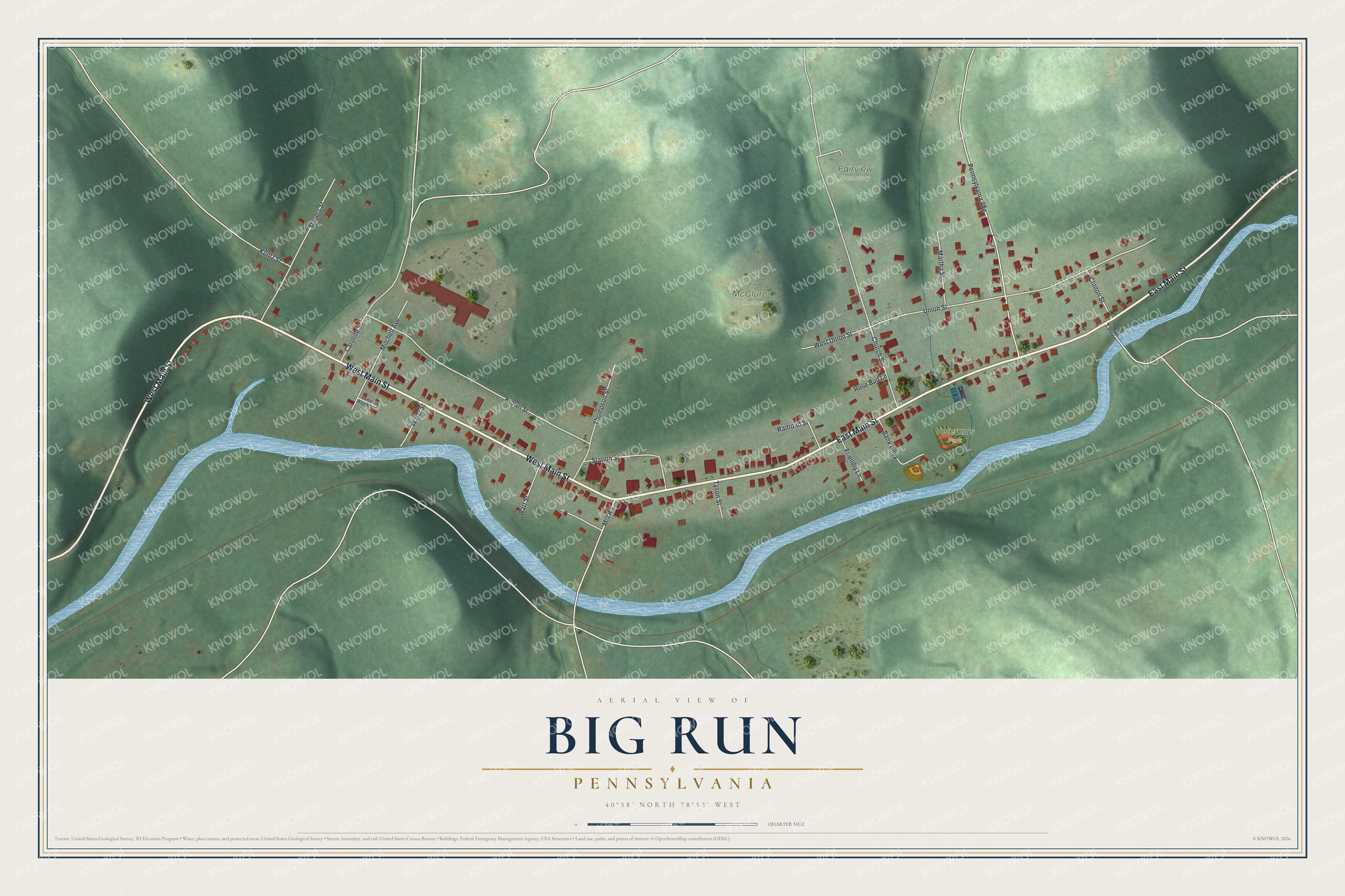 Full map of Big Run, Pennsylvania, with red buildings, printed street names and the land around them