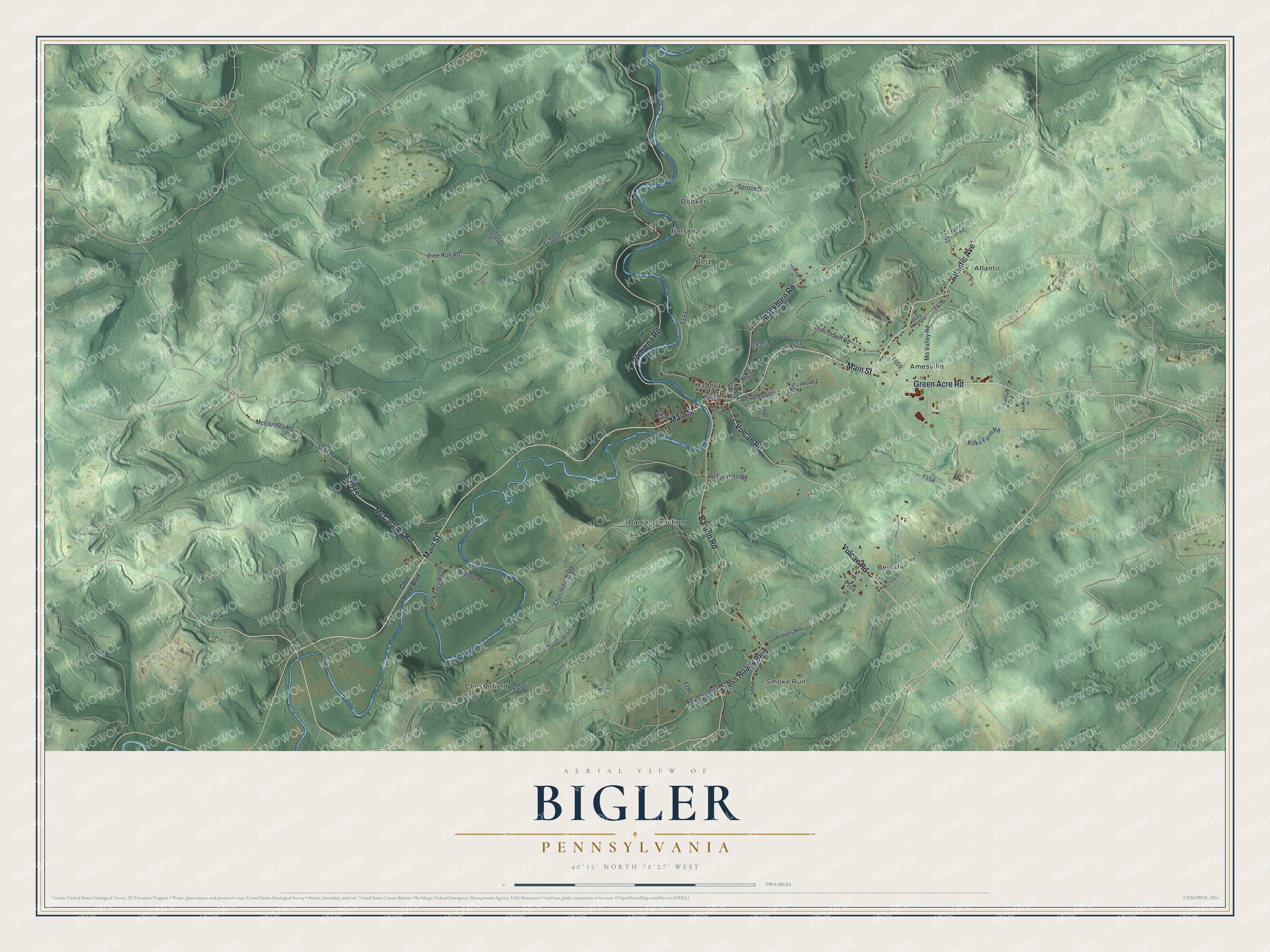 Full map of Bigler, Pennsylvania, with red buildings, printed street names and the land around them