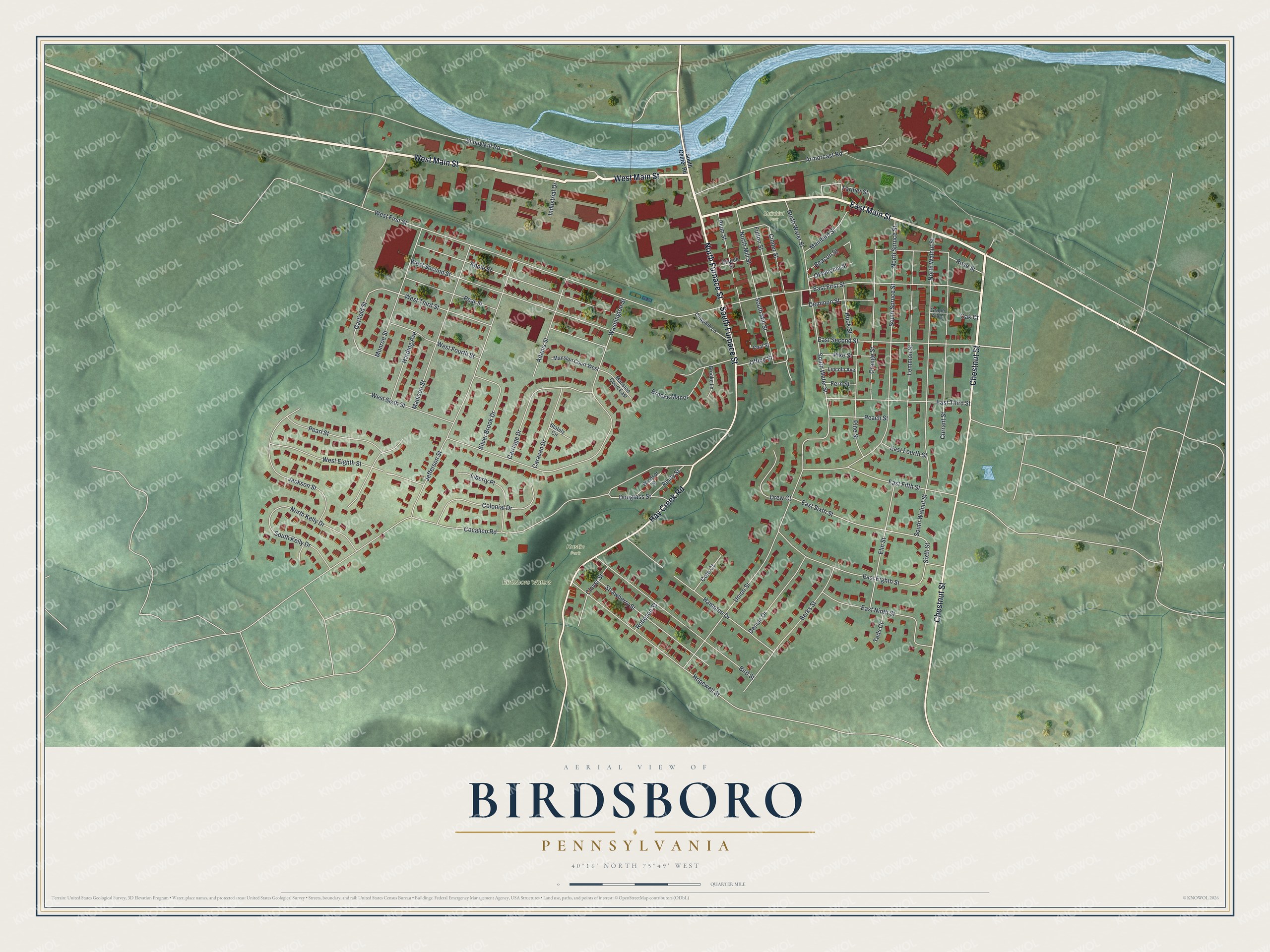 Full map of Birdsboro, Pennsylvania, with red buildings, printed street names and the land around them