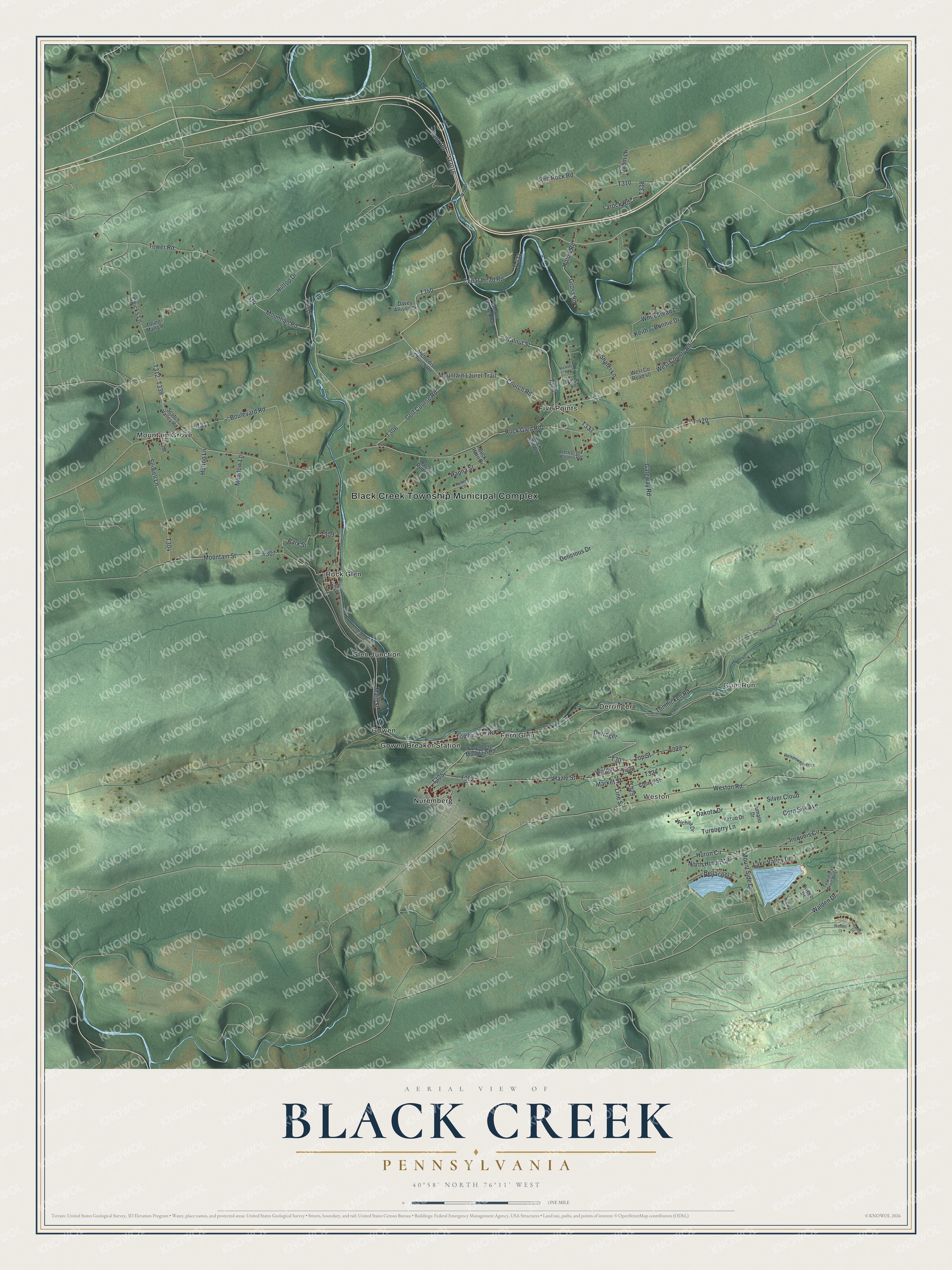 Full map of Black Creek, Pennsylvania, with red buildings, printed street names and the land around them