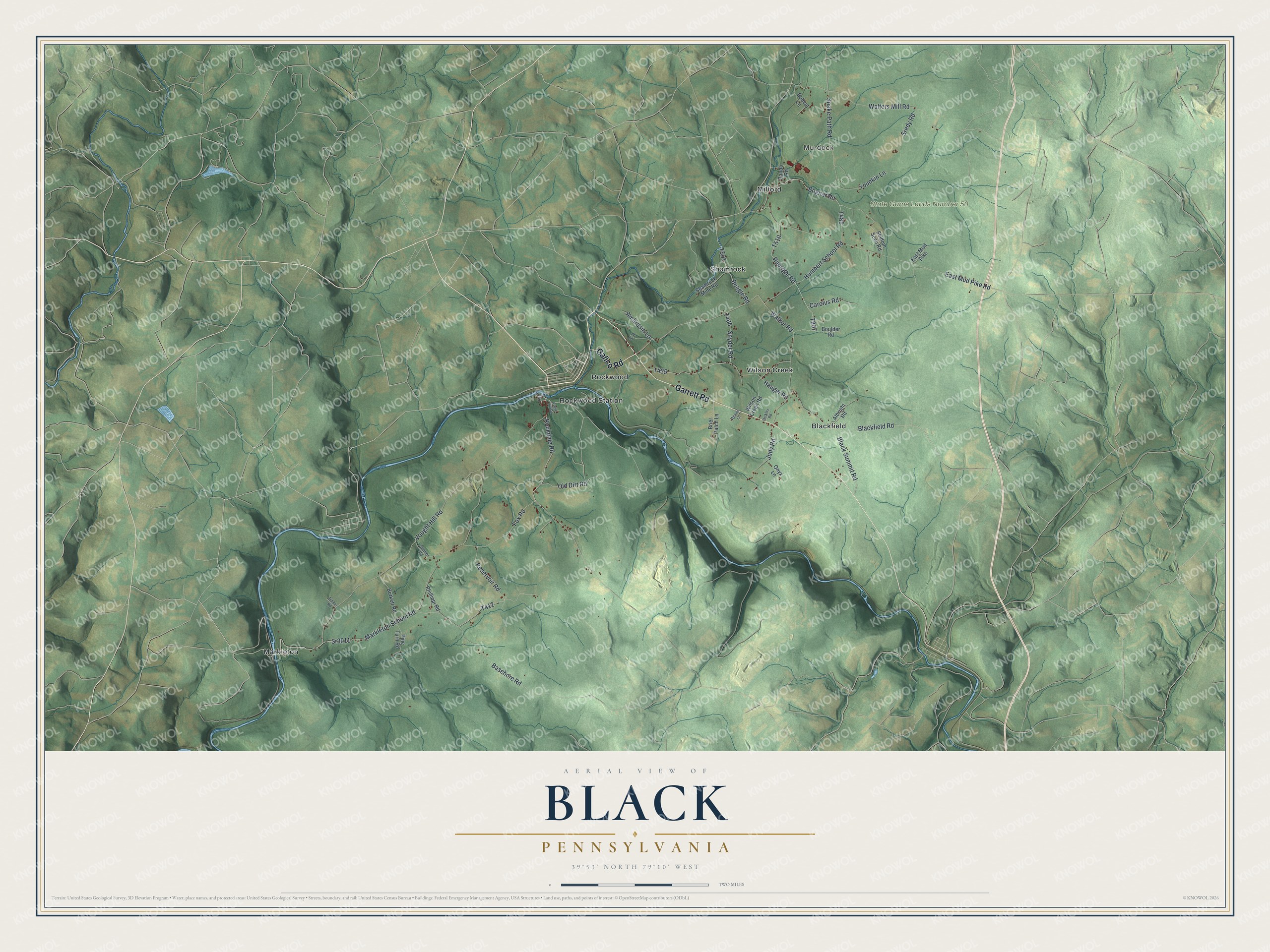 Full map of Black, Pennsylvania, with red buildings, printed street names and the land around them