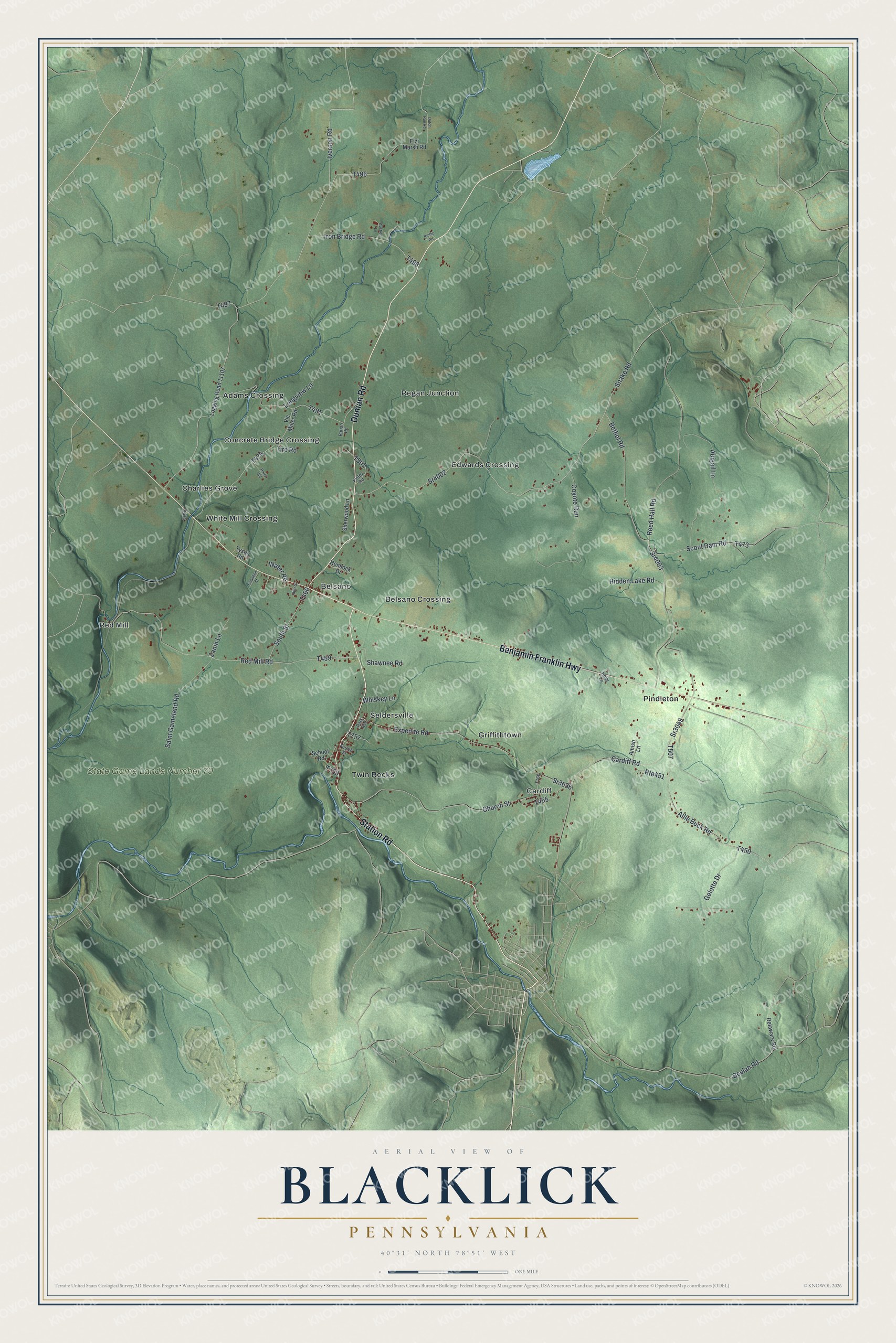 Full map of Blacklick, Pennsylvania, with red buildings, printed street names and the land around them