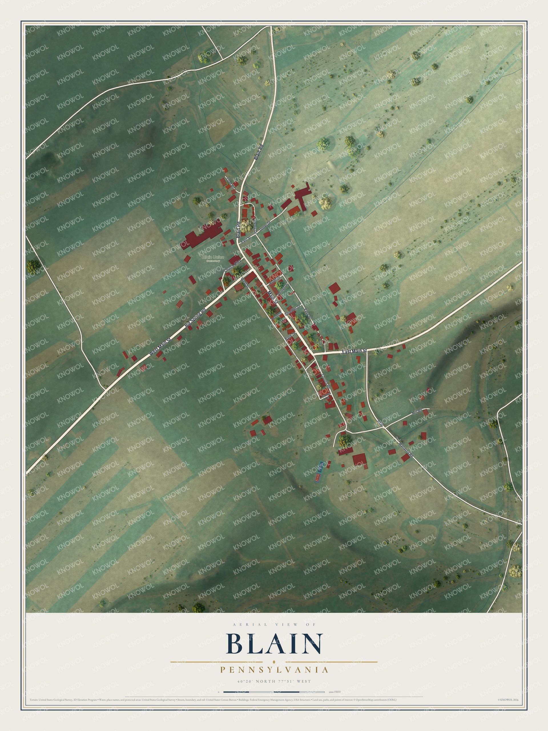 Full map of Blain, Pennsylvania, with red buildings, printed street names and the land around them