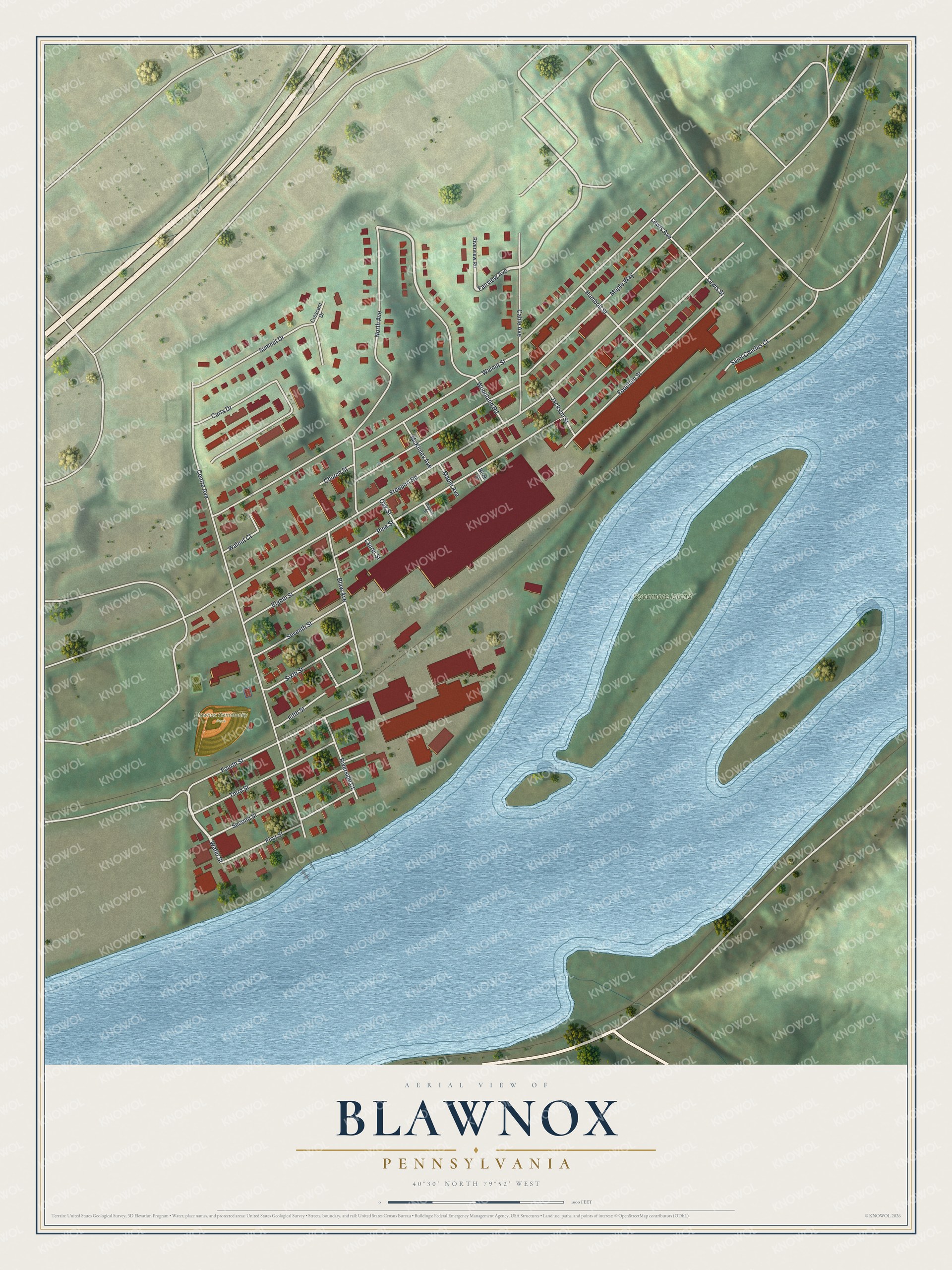 Full map of Blawnox, Pennsylvania, with red buildings, printed street names and the land around them
