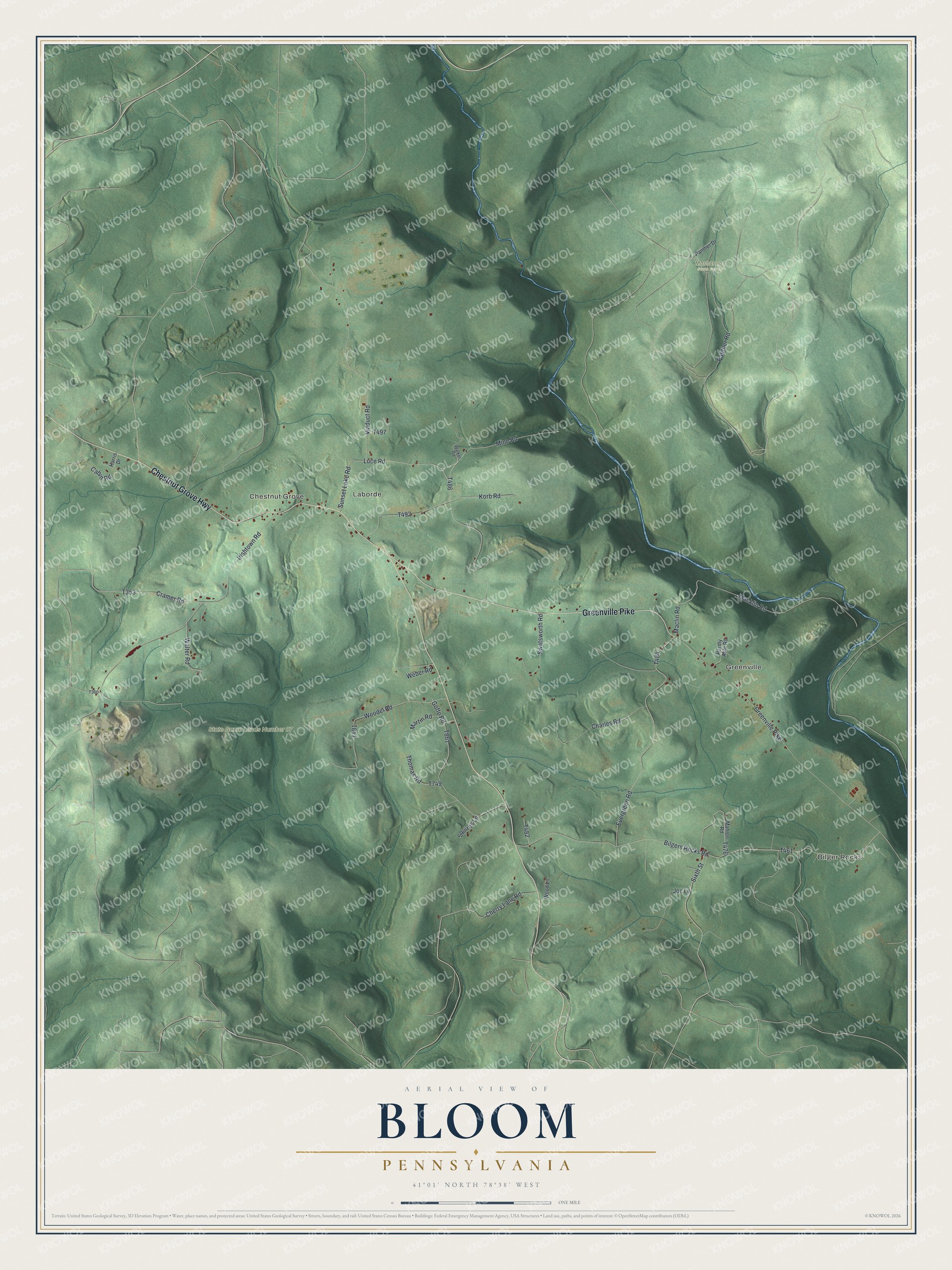 Full map of Bloom, Pennsylvania, with red buildings, printed street names and the land around them