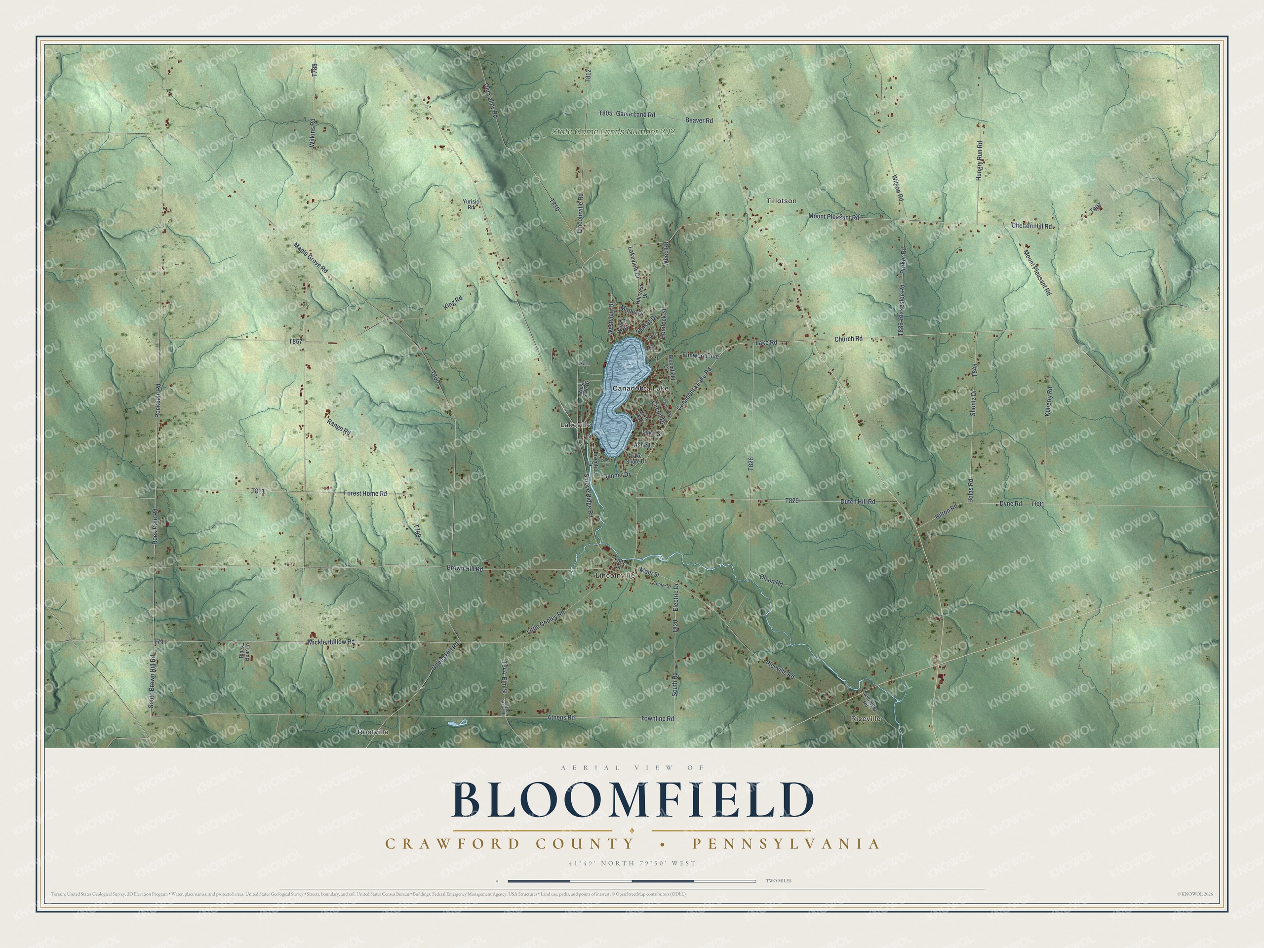 Full map of Bloomfield, Crawford County, Pennsylvania, with red buildings, printed street names and the land around them