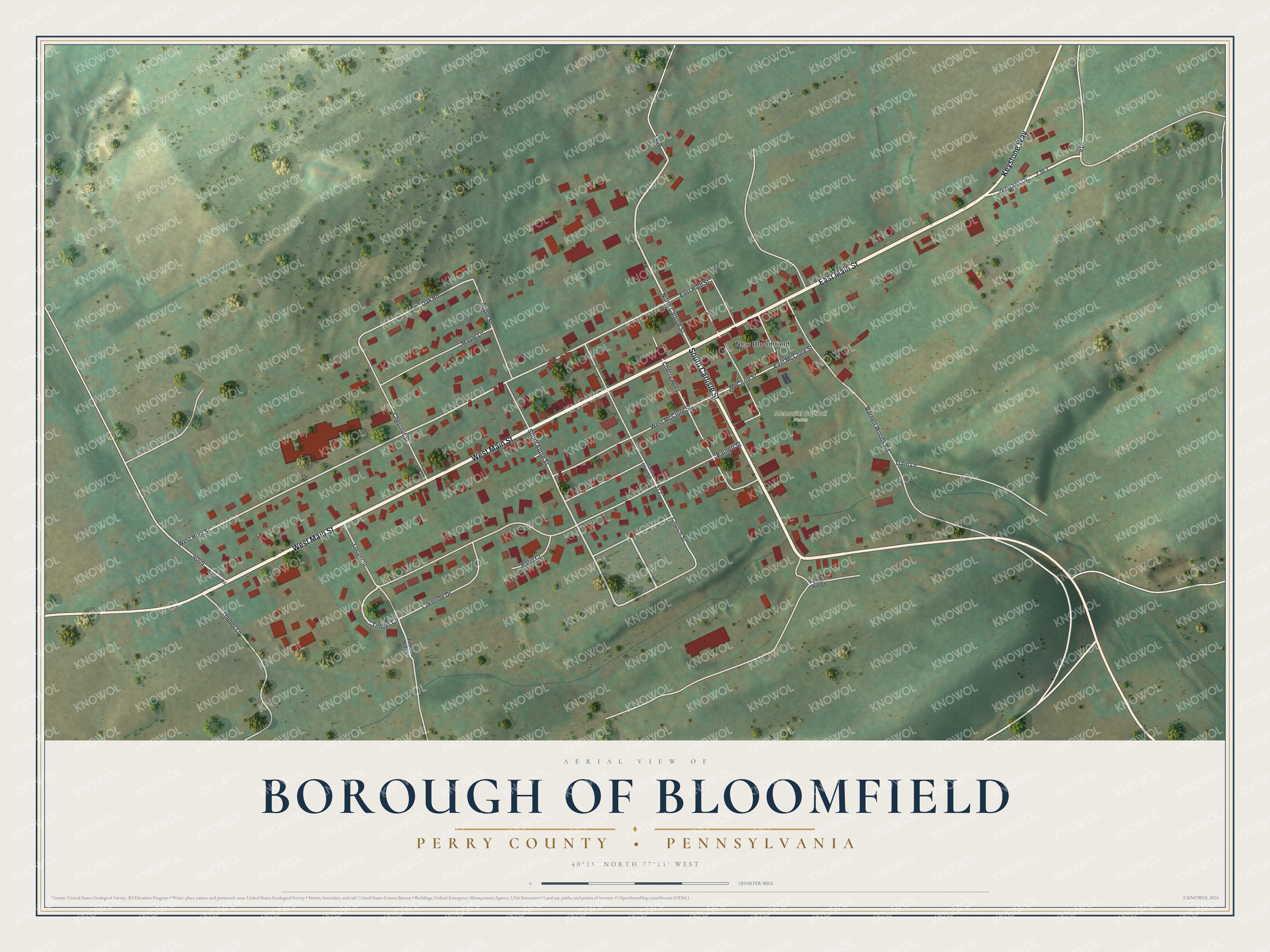 Full map of Bloomfield, Perry County, Pennsylvania, with red buildings, printed street names and the land around them