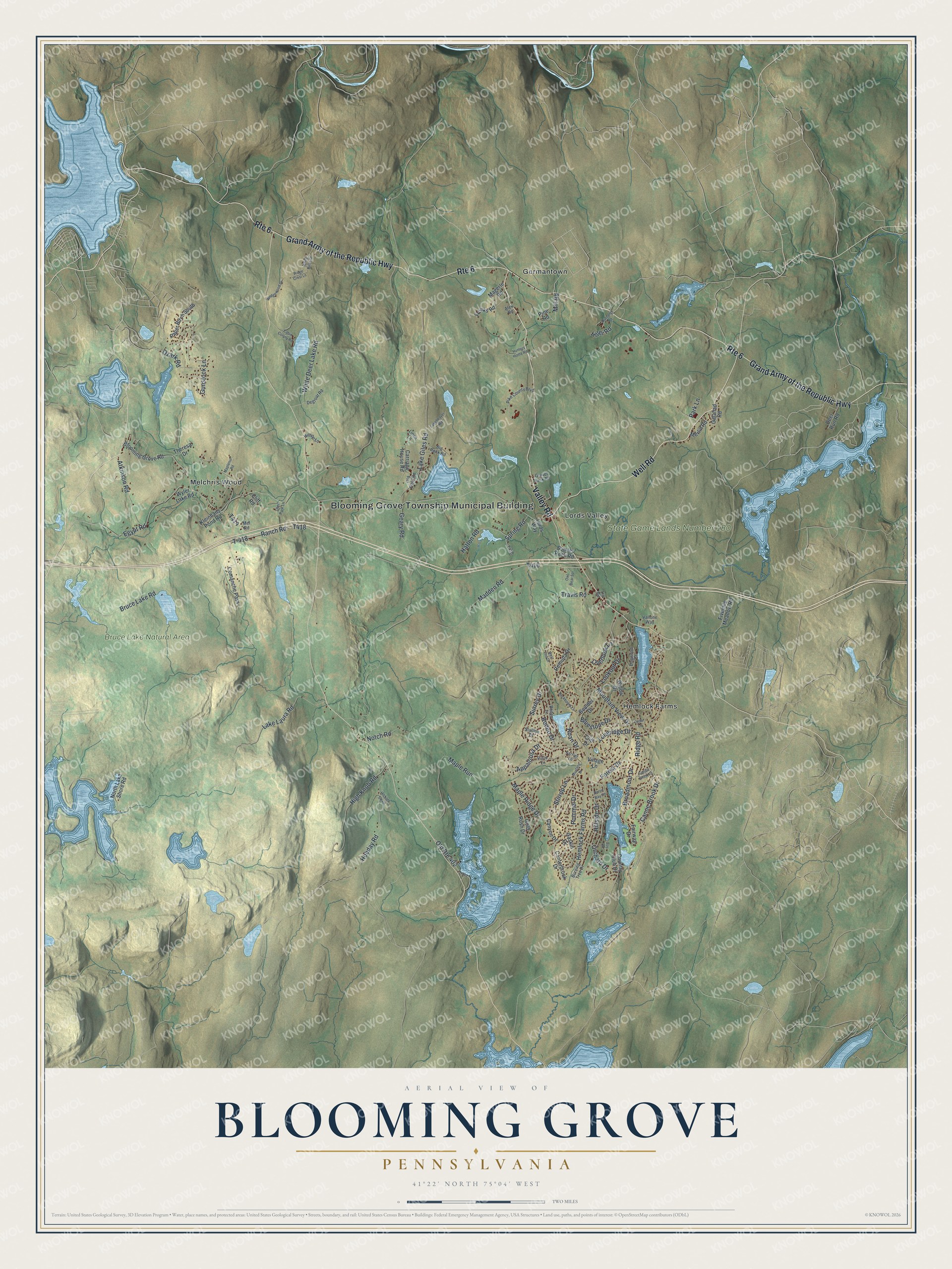 Full map of Blooming Grove, Pennsylvania, with red buildings, printed street names and the land around them
