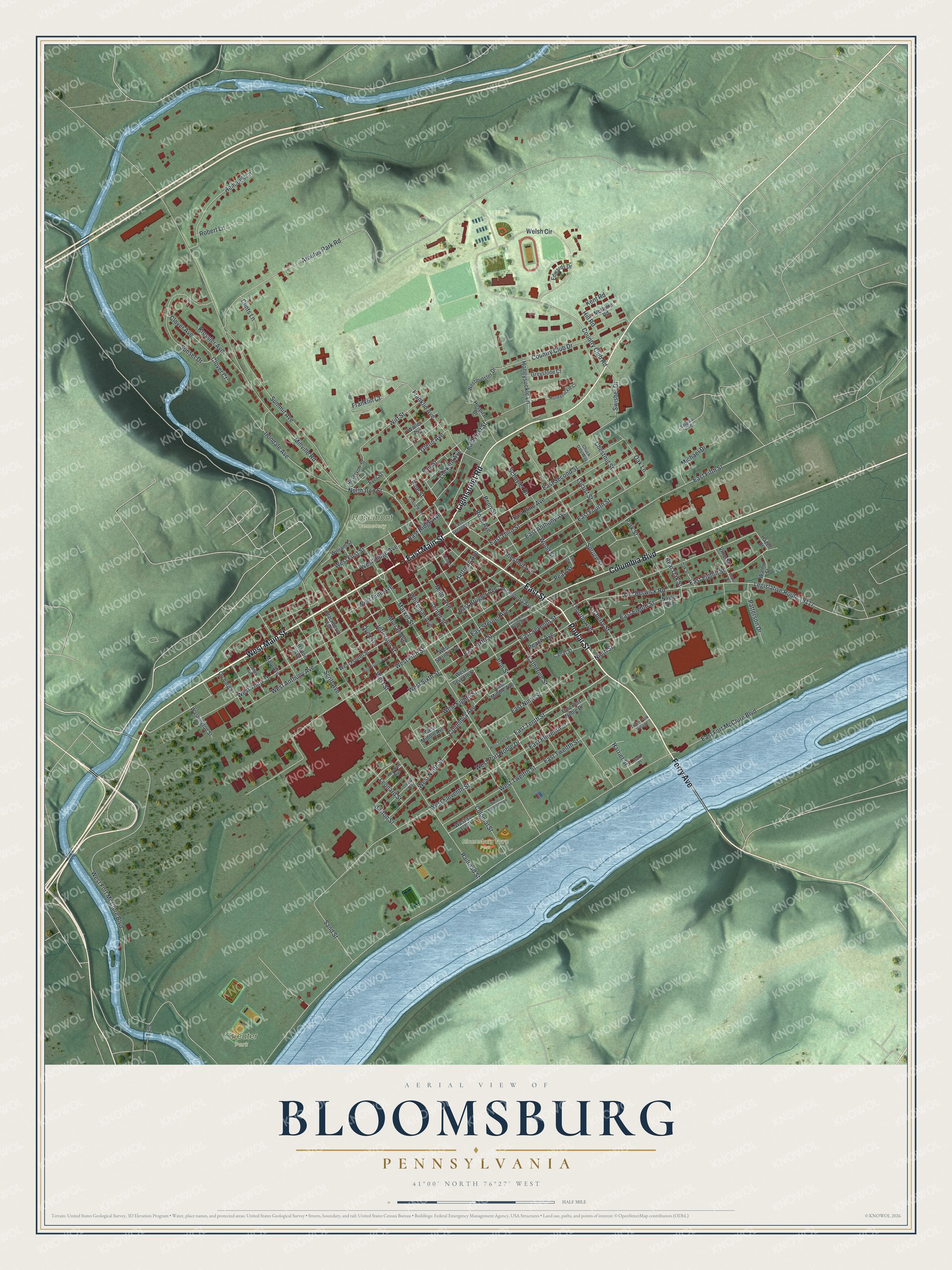 Full map of Bloomsburg, Pennsylvania, with red buildings, printed street names and the land around them