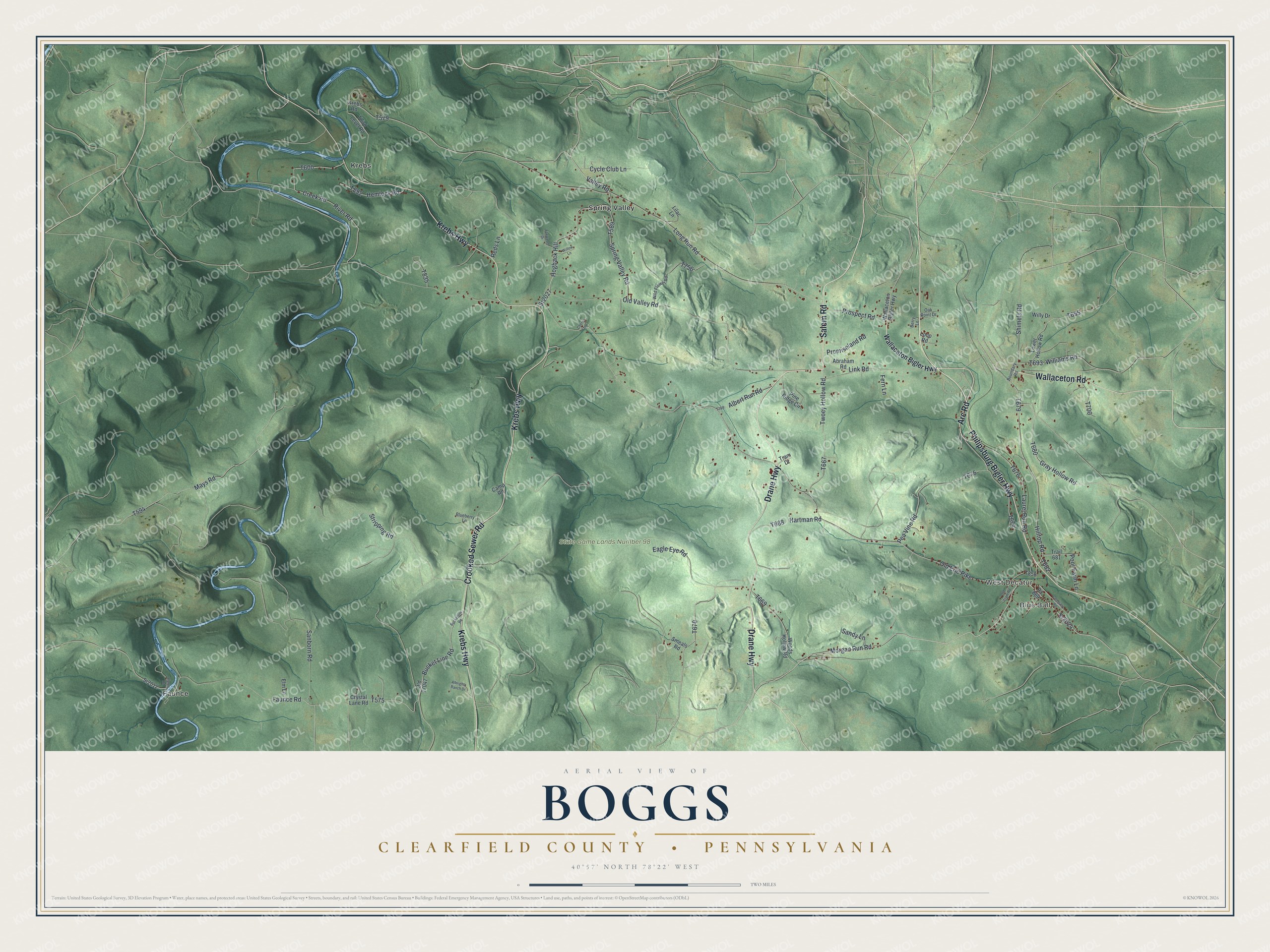 Full map of Boggs, Clearfield County, Pennsylvania, with red buildings, printed street names and the land around them