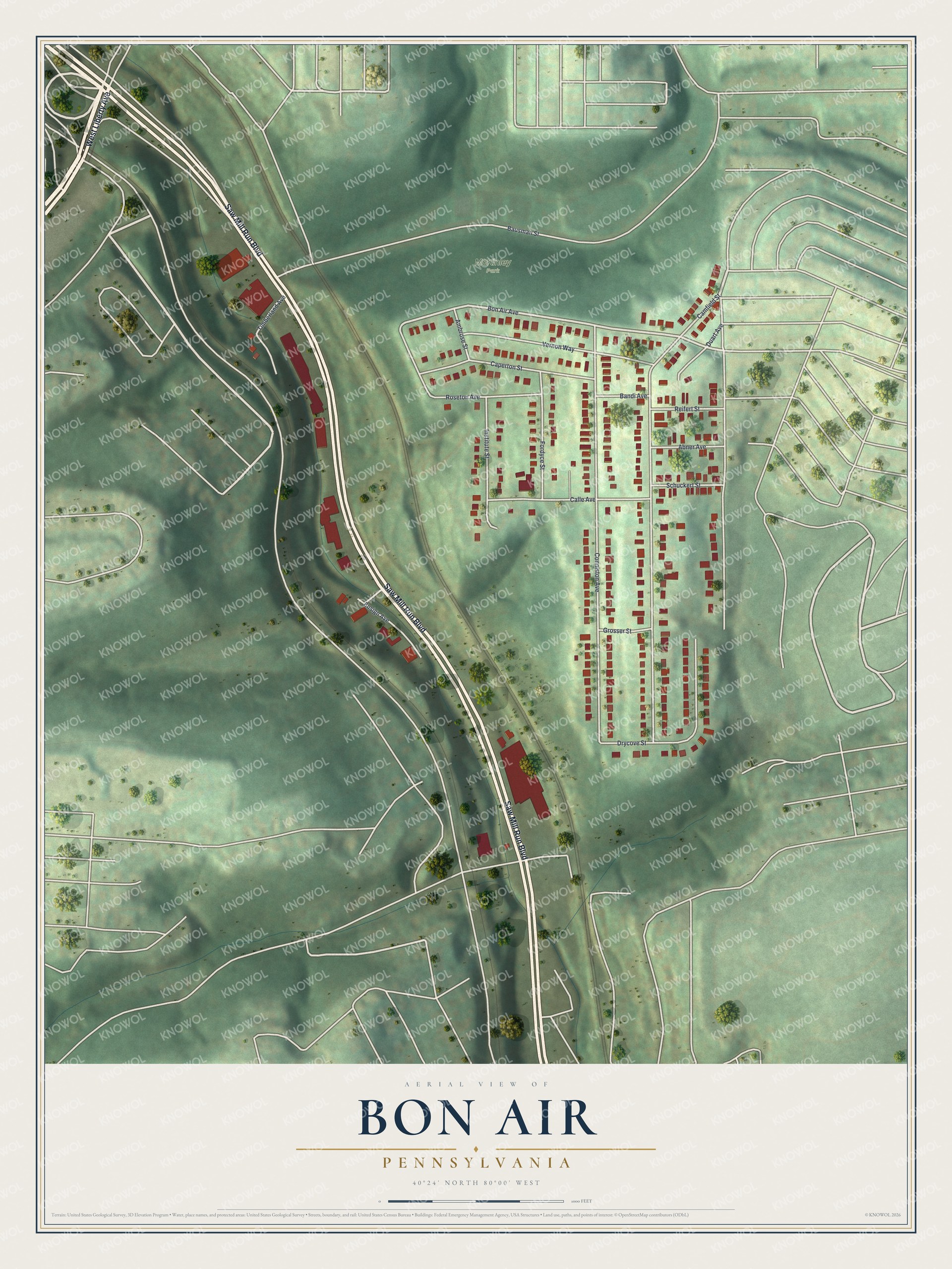 Aerial map of Bon Air, Pennsylvania with red homes on a hilltop grid, McKinley Park above and Saw Mill Run Boulevard in the valley