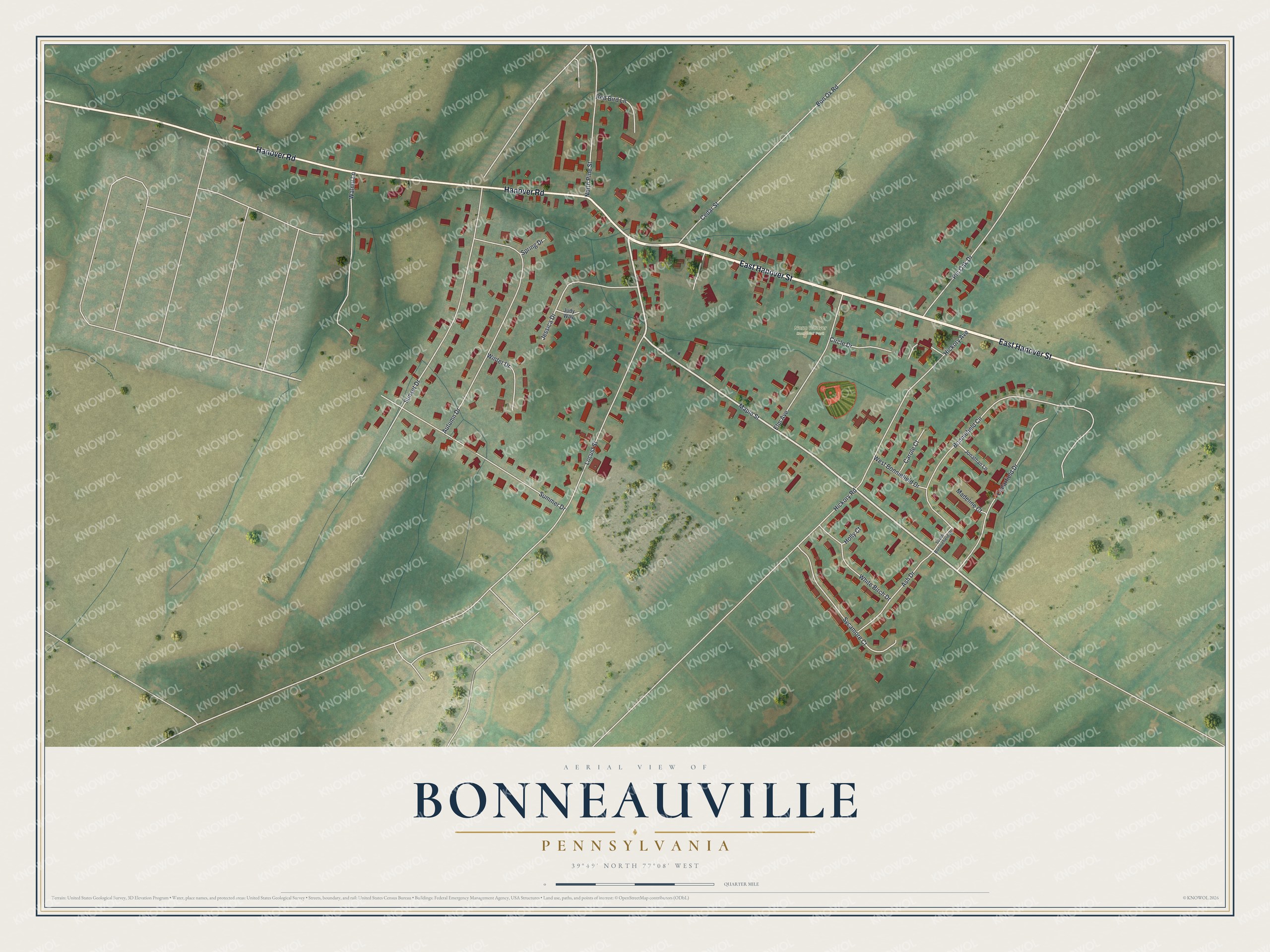 Full map of Bonneauville, Pennsylvania, with red buildings, printed street names and the land around them
