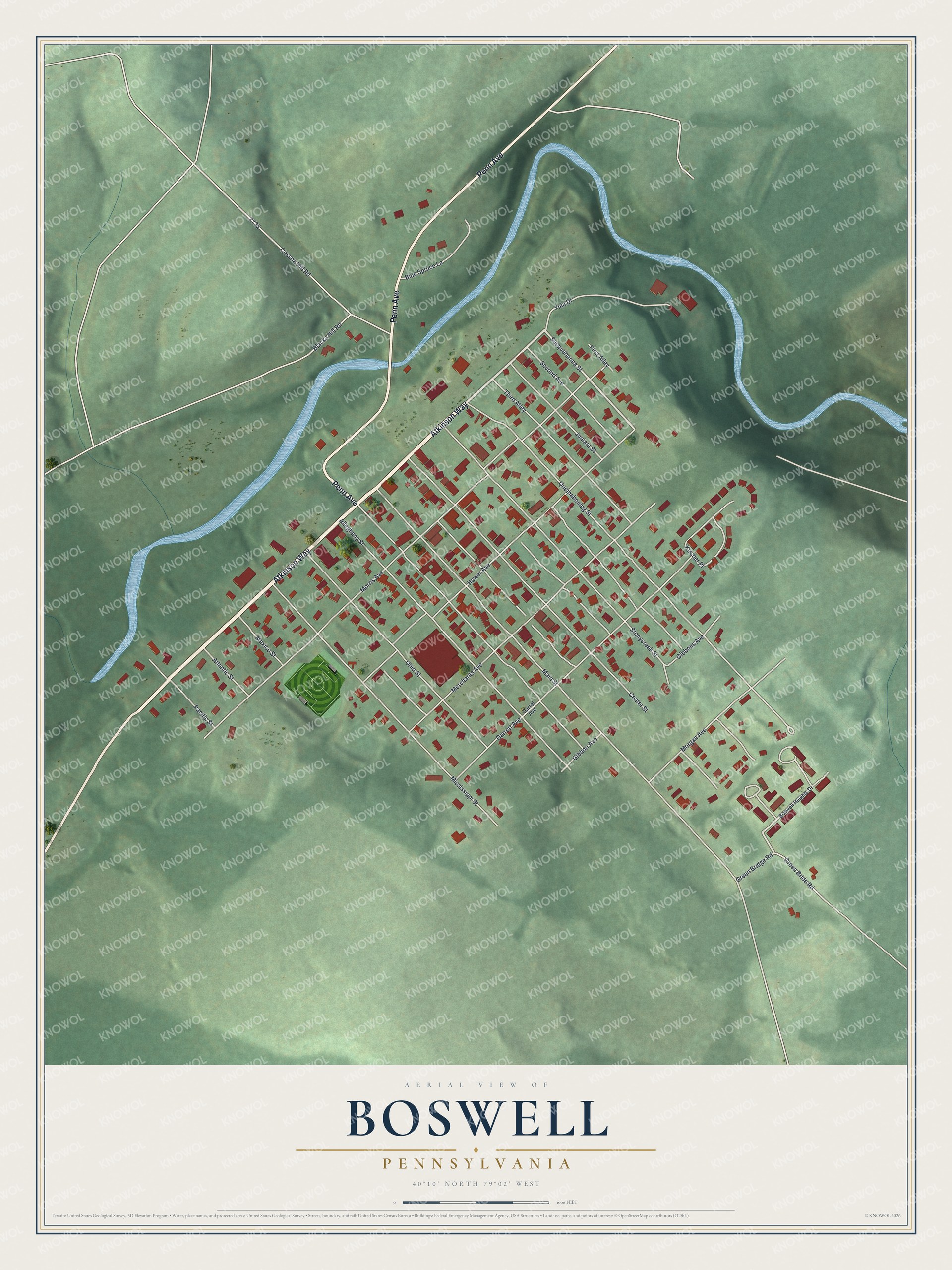 Full map of Boswell, Pennsylvania, with red buildings, printed street names and the land around them