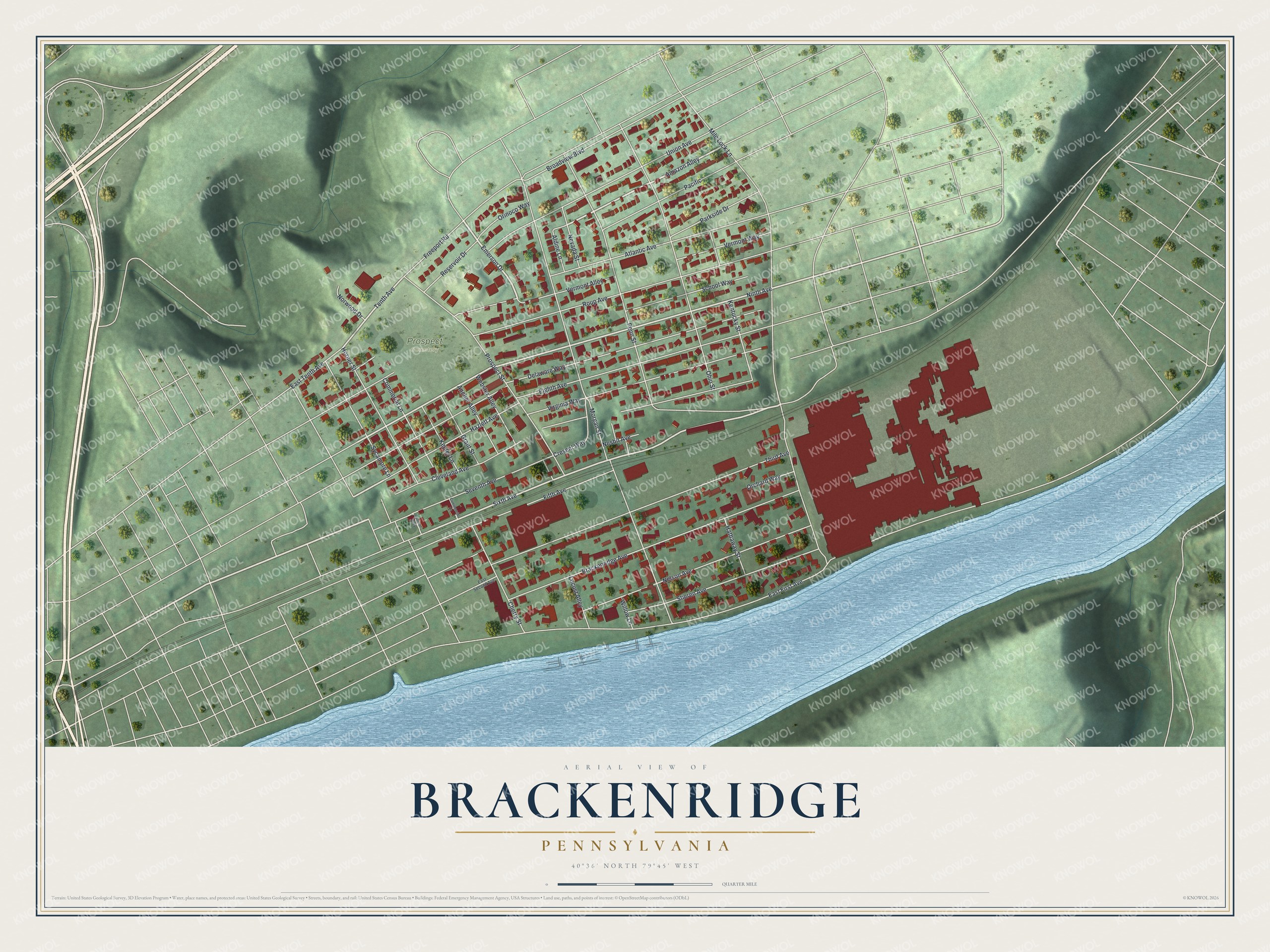Full map of Brackenridge, Pennsylvania, with red buildings, printed street names and the land around them