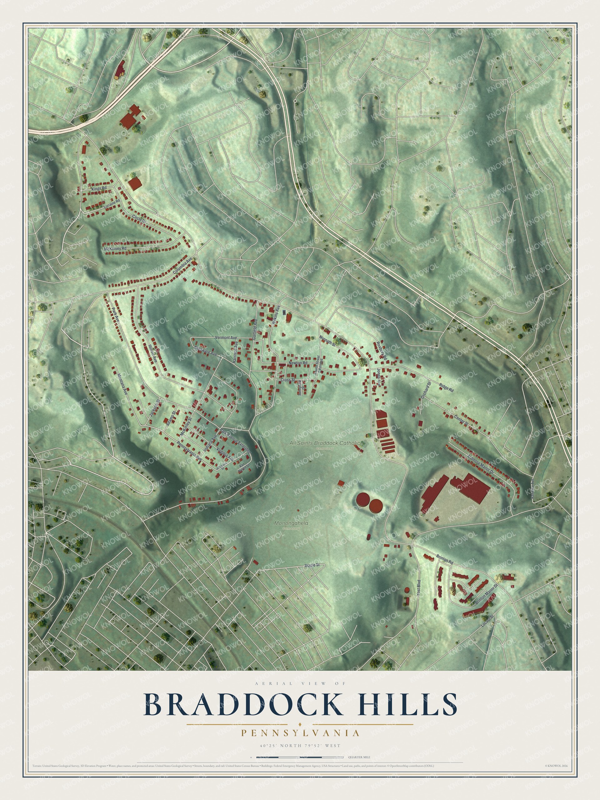 Full map of Braddock Hills, Pennsylvania, with red buildings, printed street names and the land around them