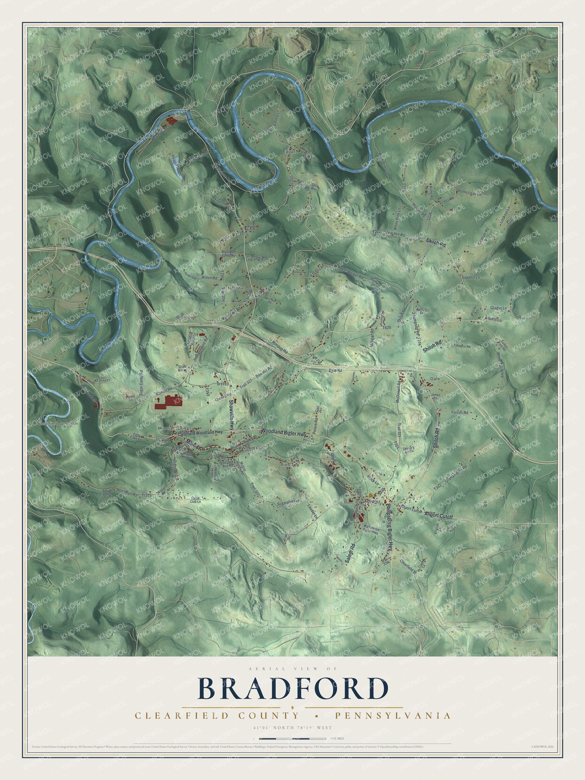 Full map of Bradford, Clearfield County, Pennsylvania, with red buildings, printed street names and the land around them