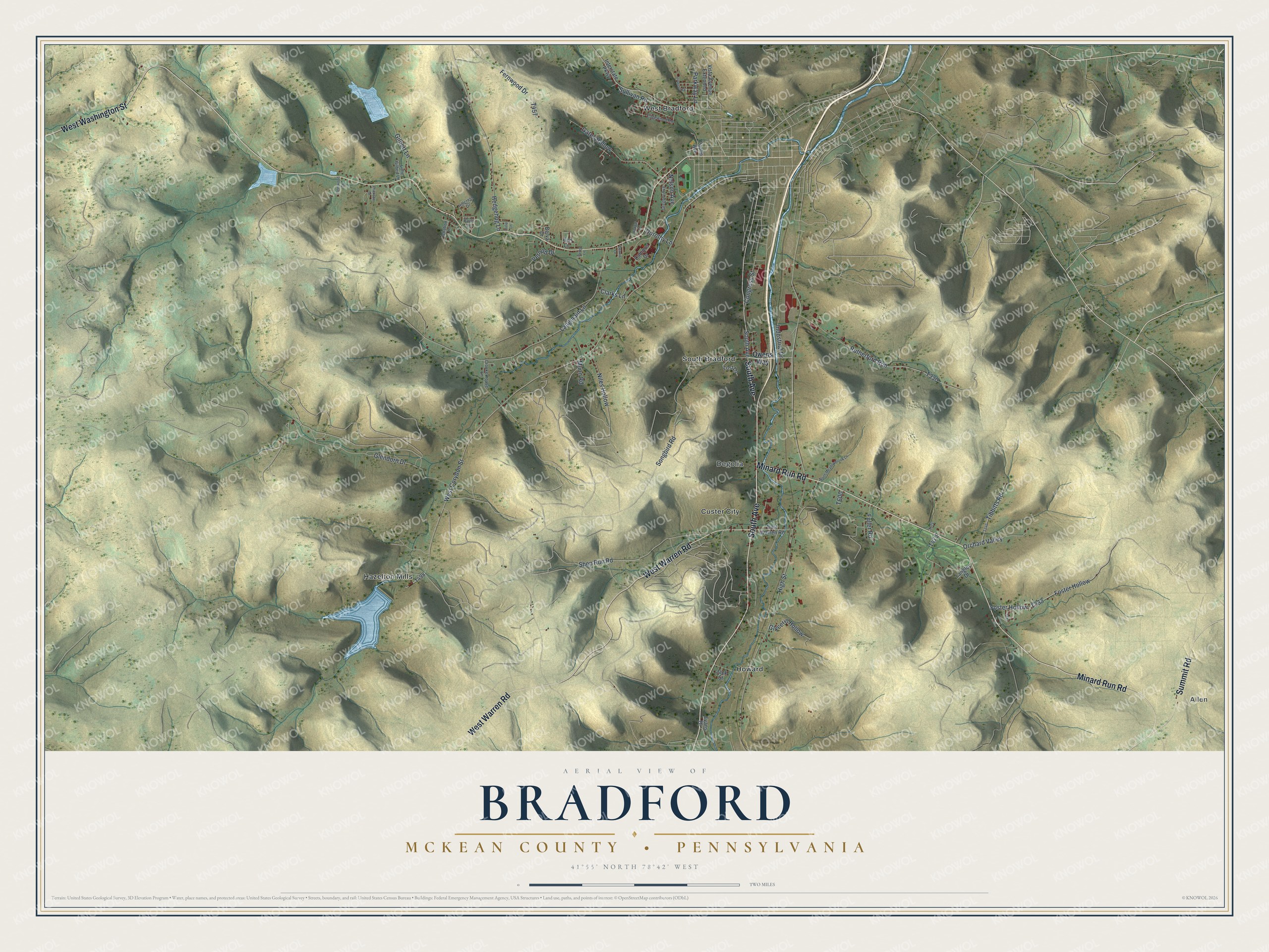 Full map of Bradford Township, McKean County, Pennsylvania, with red buildings, printed street names and the land around them