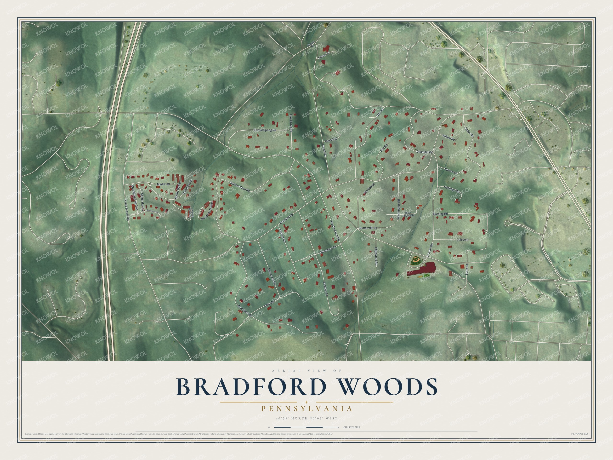 Full map of Bradford Woods, Pennsylvania, with red buildings, printed street names and the land around them