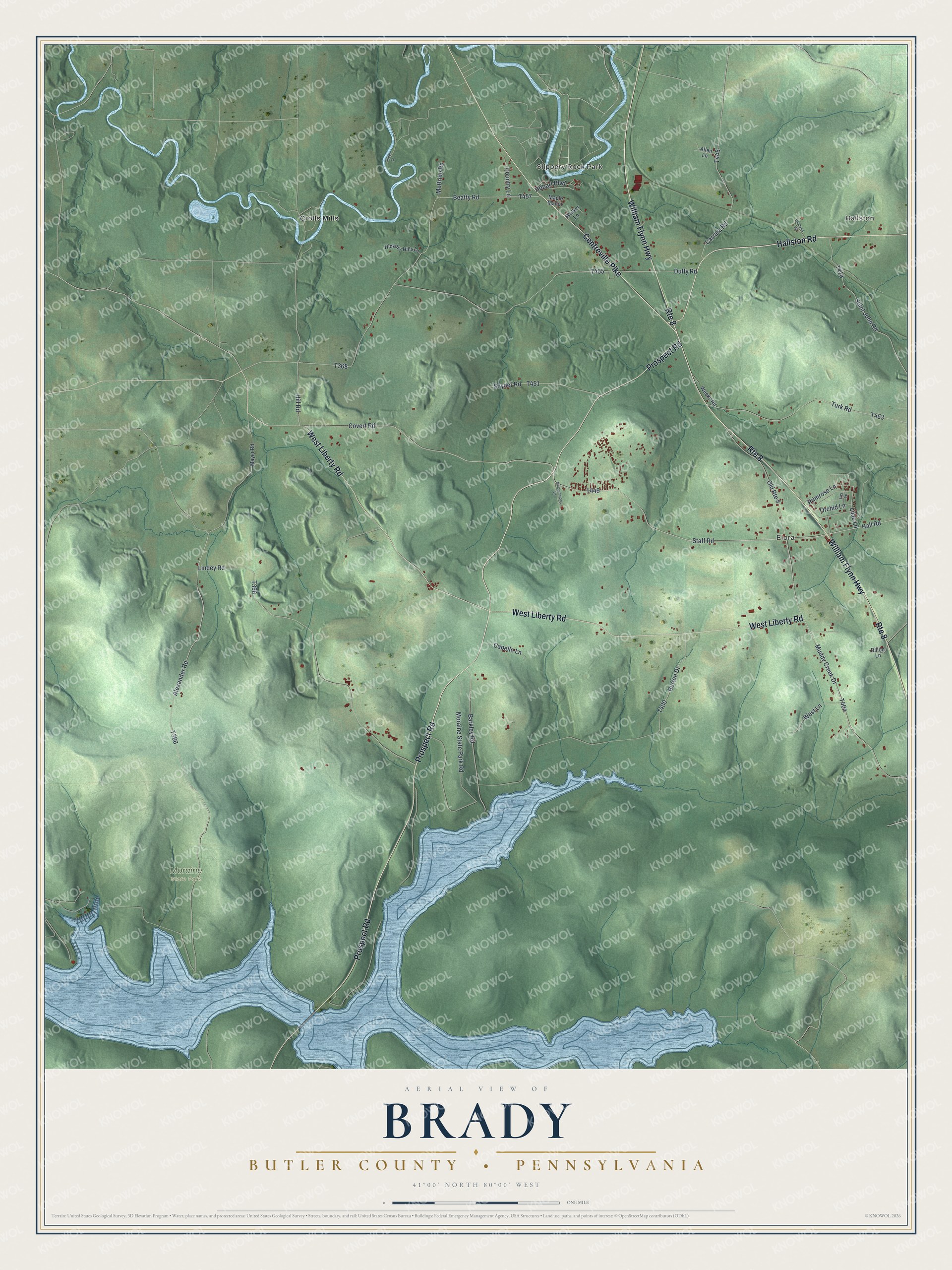 Full map of Brady, Butler County, Pennsylvania, with red buildings, printed street names and the land around them