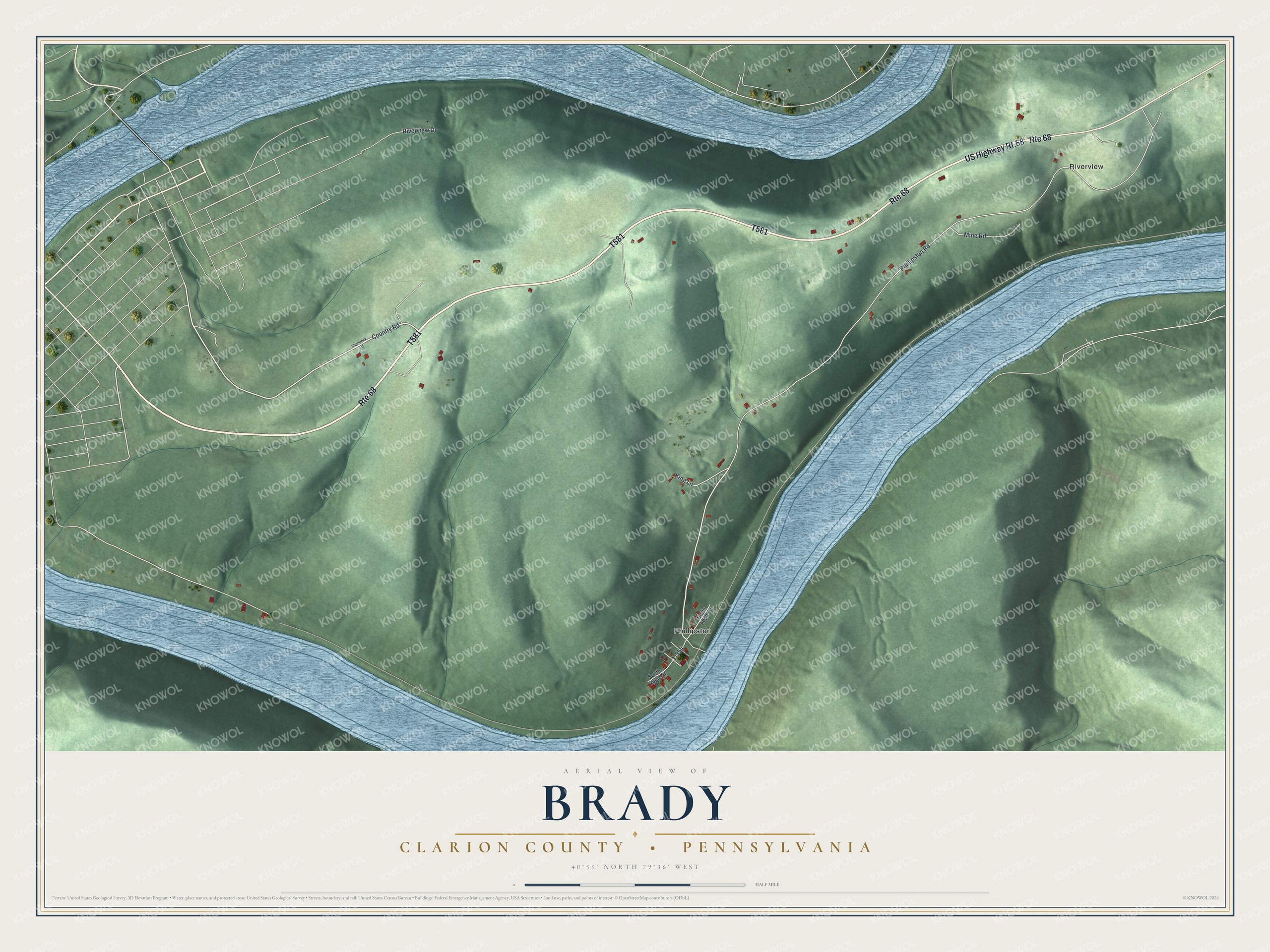 Full map of Brady, Clarion County, Pennsylvania, with red buildings, printed street names and the land around them