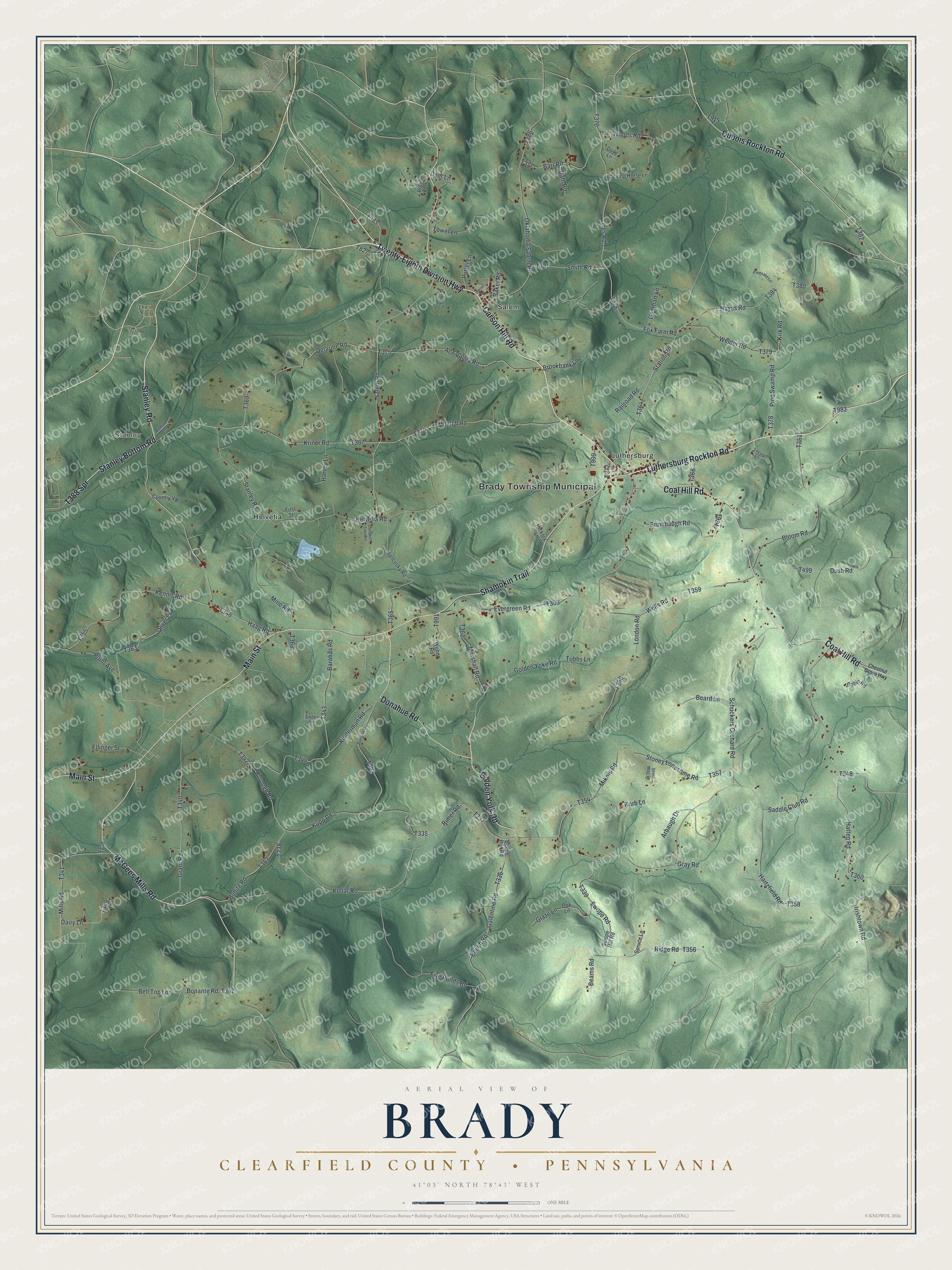 Full map of Brady, Clearfield County, Pennsylvania, with red buildings, printed street names and the land around them