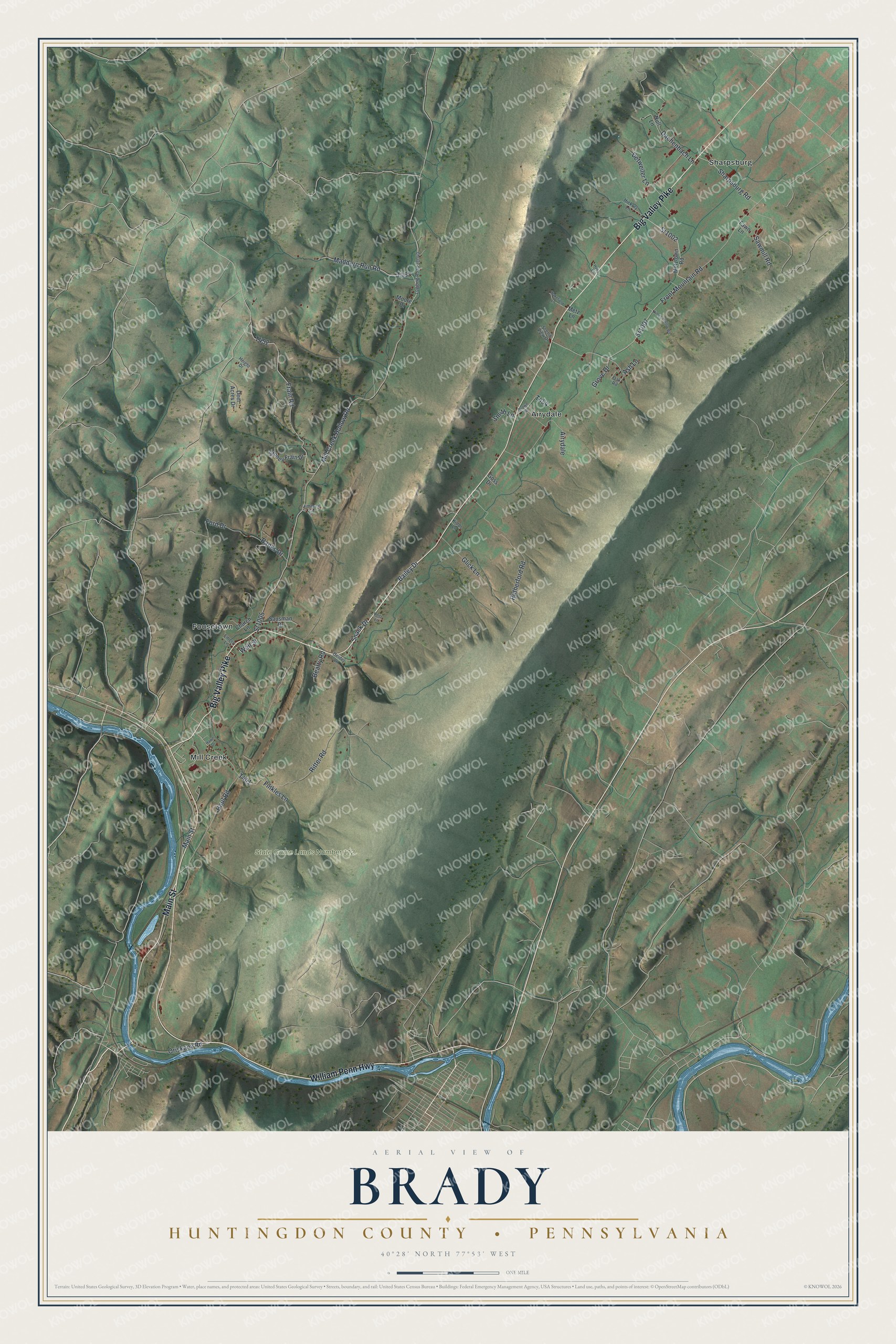 Full map of Brady, Huntingdon County, Pennsylvania, with red buildings, printed street names and the land around them