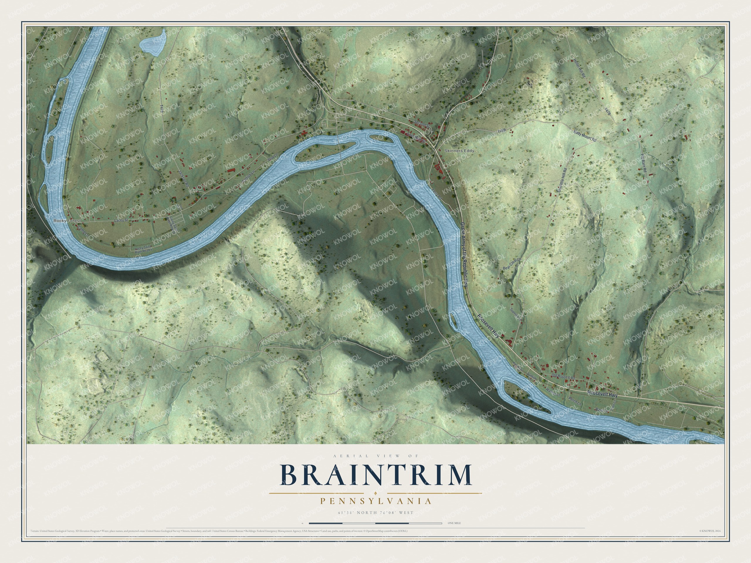 Full map of Braintrim, Pennsylvania, with red buildings, printed street names and the land around them