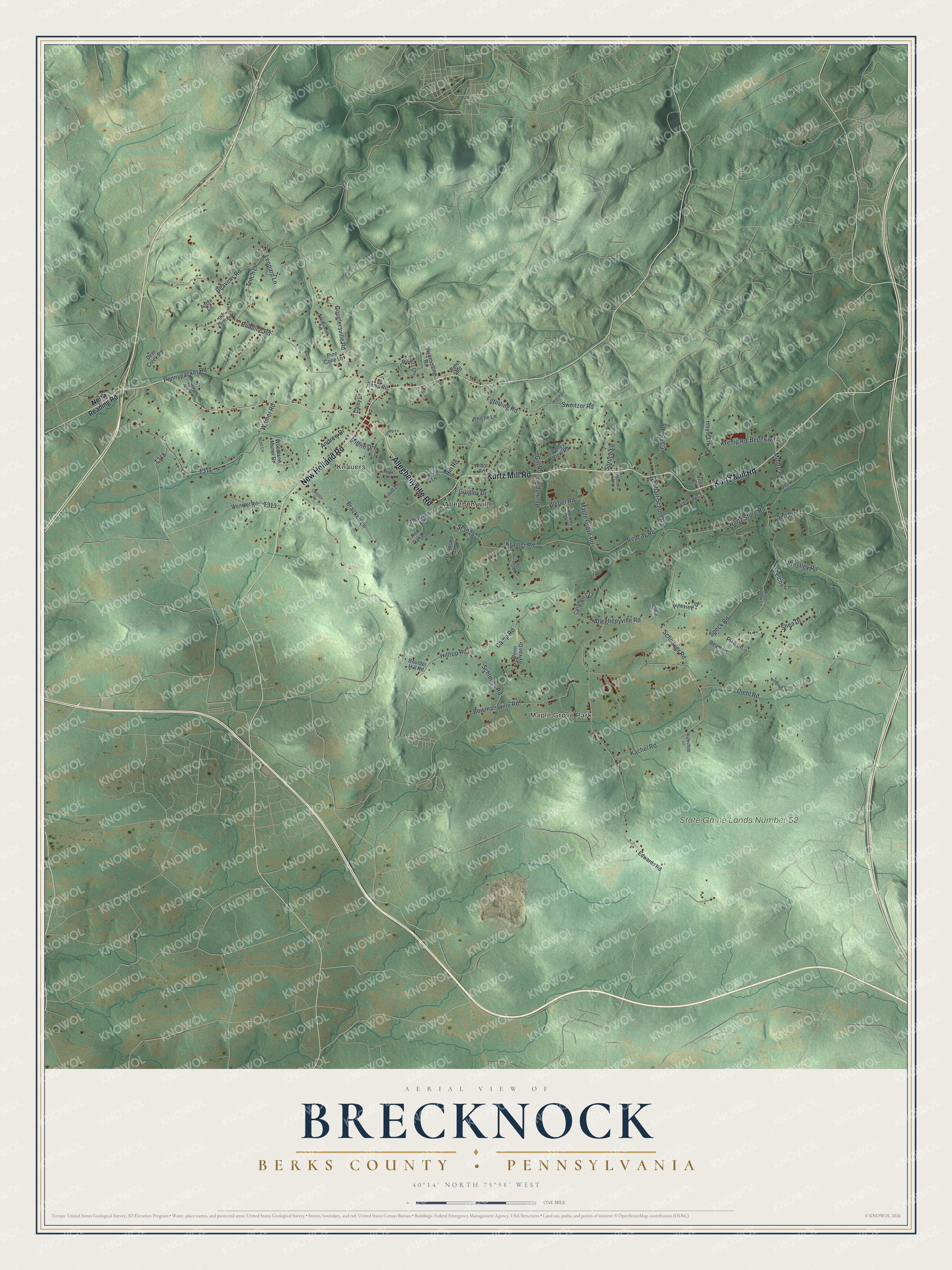 Full map of Brecknock, Berks County, Pennsylvania, with red buildings, printed street names and the land around them
