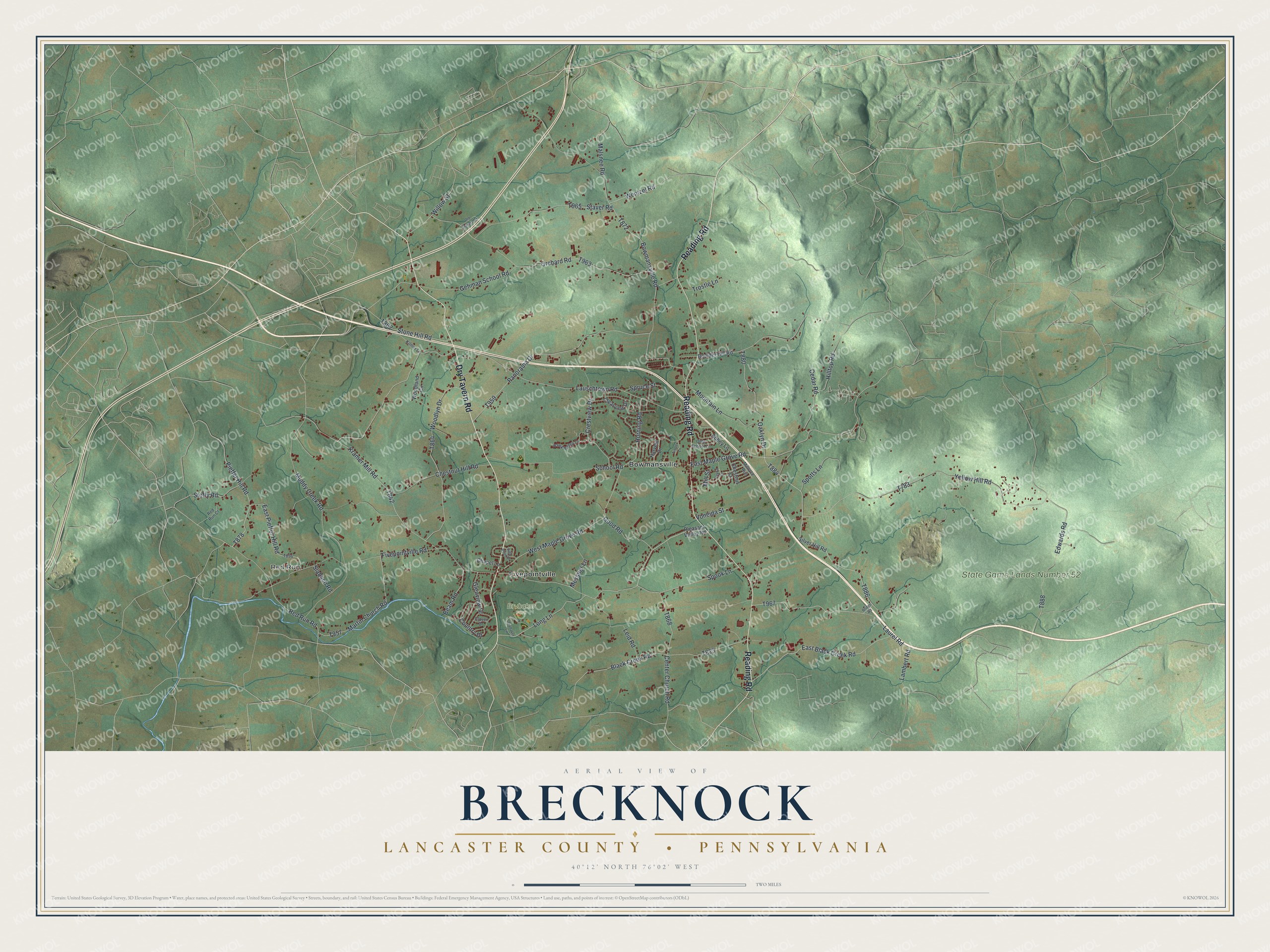 Full map of Brecknock, Lancaster County, Pennsylvania, with red buildings, printed street names and the land around them