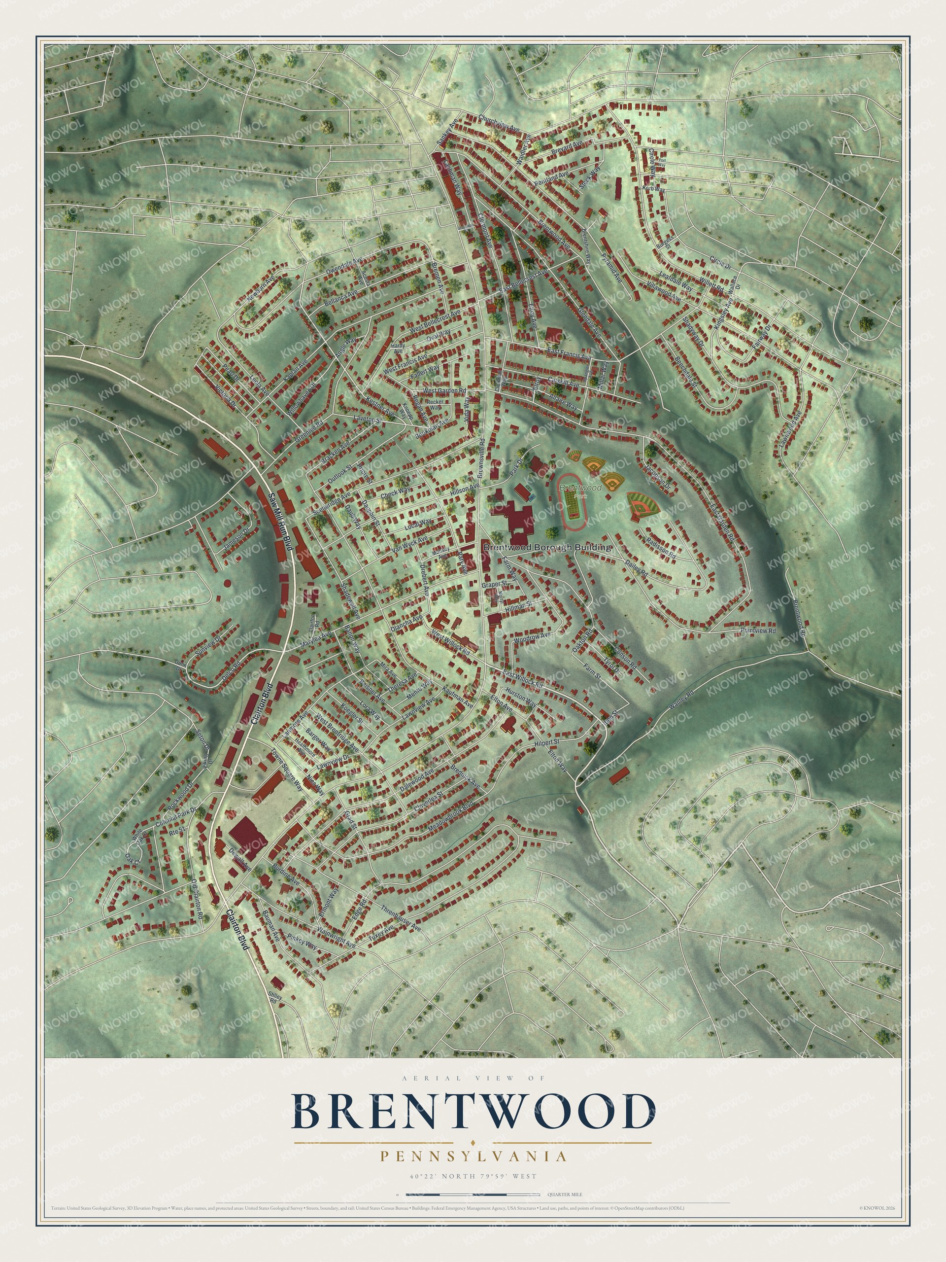 Full map of Brentwood, Pennsylvania, with red buildings, printed street names and the land around them