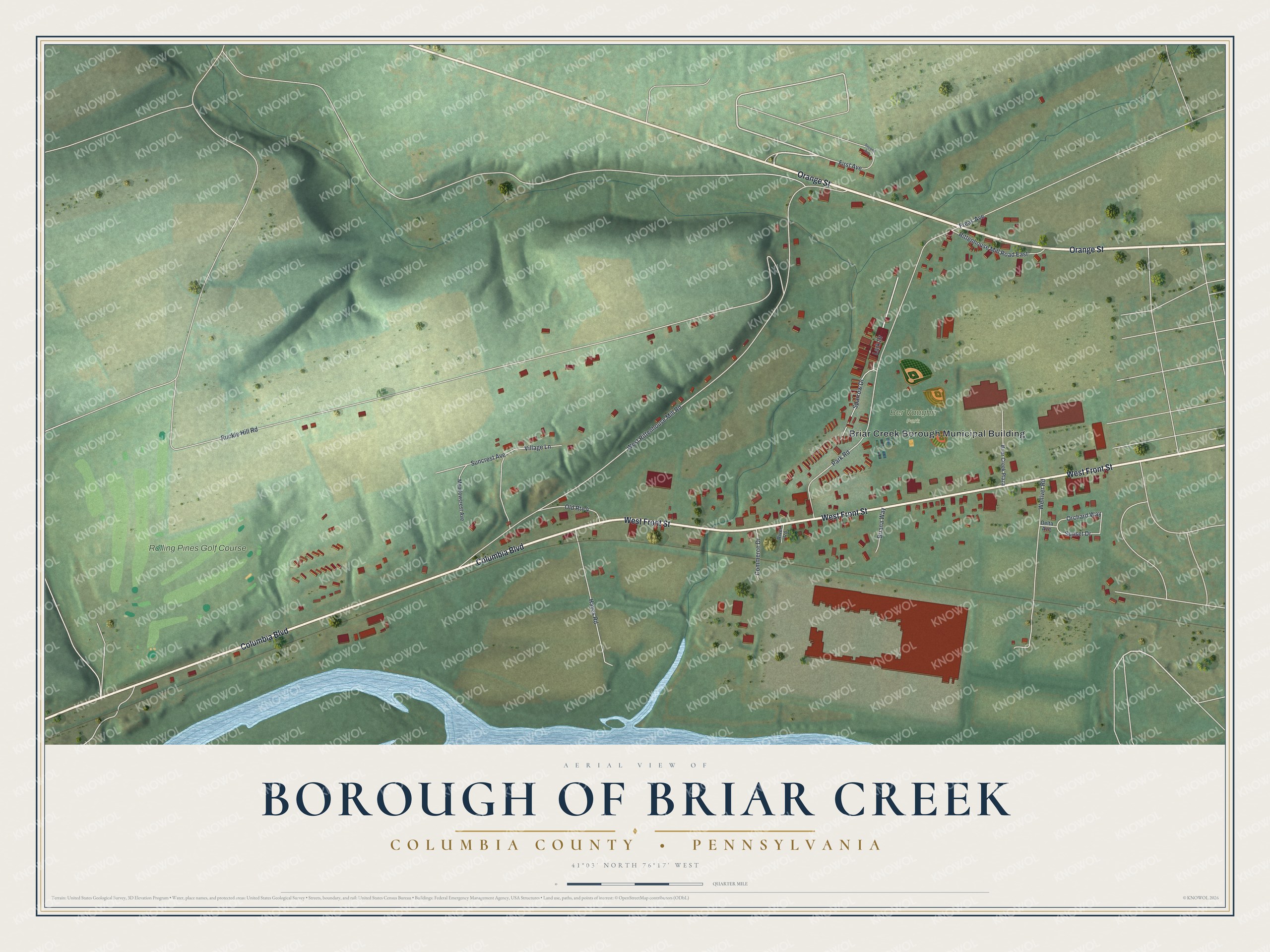 Full map of Briar Creek Borough, Pennsylvania, with red buildings, printed street names and the land around them