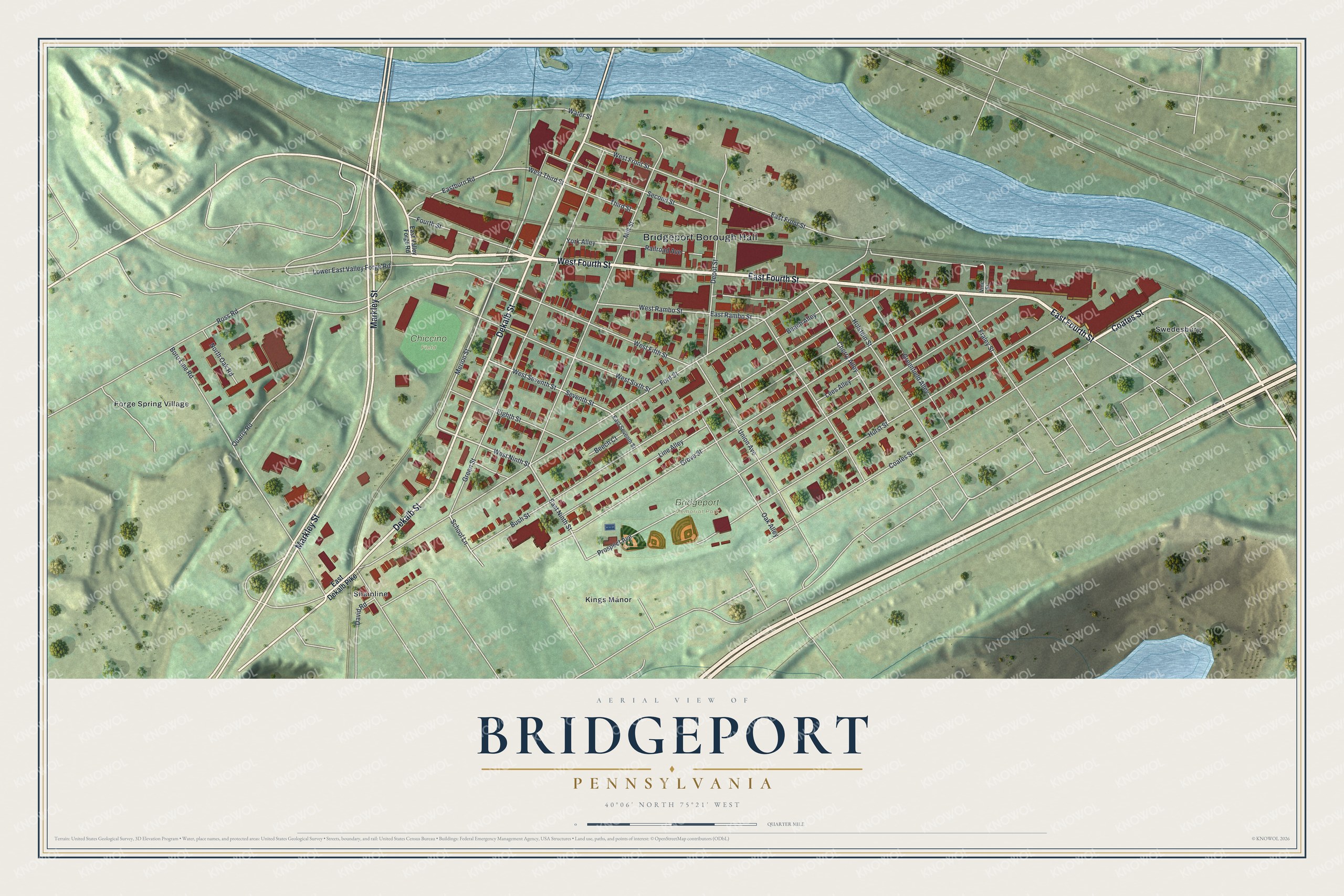 Full map of Bridgeport, Pennsylvania, with red buildings, printed street names and the land around them