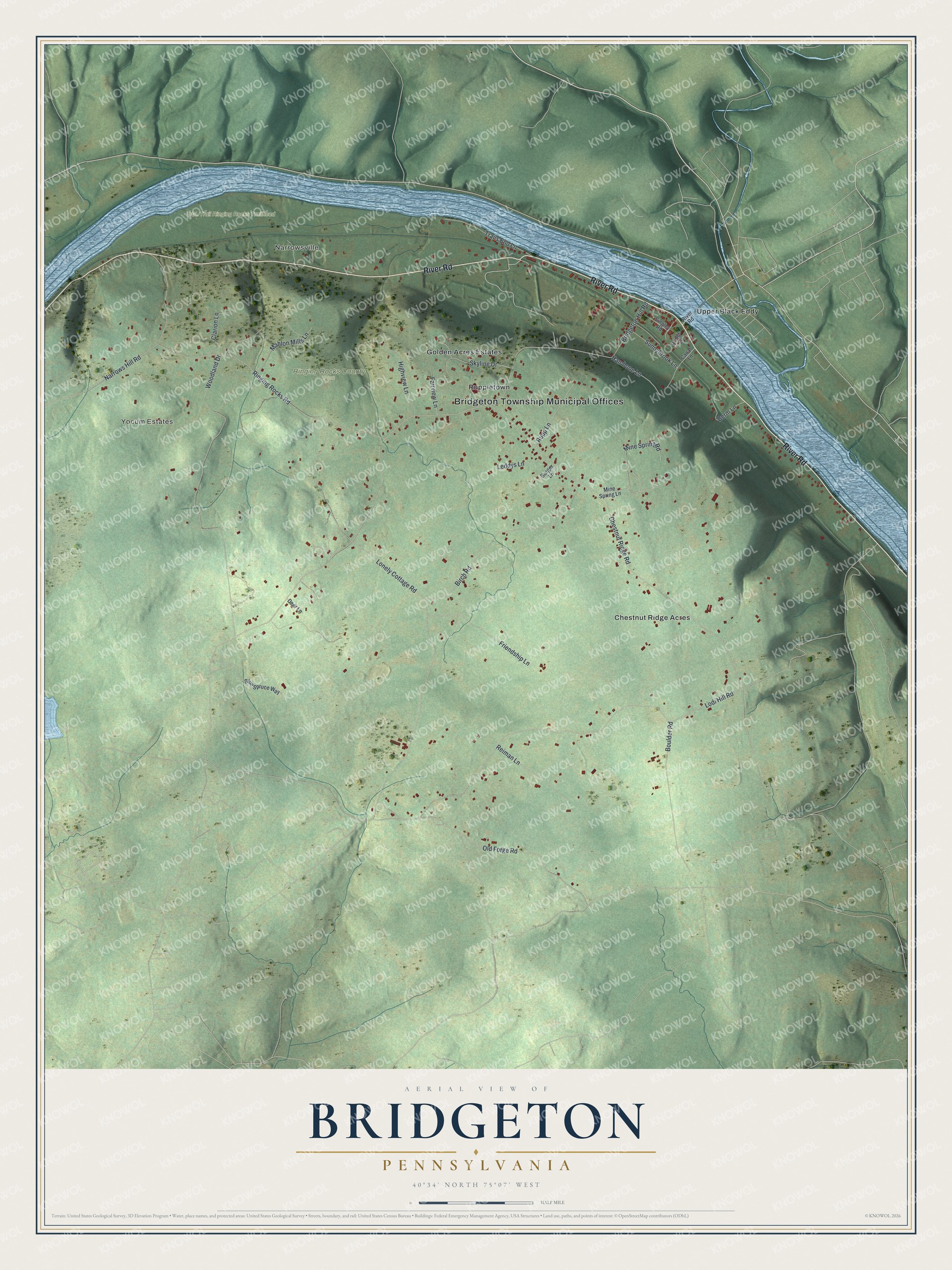 Full map of Bridgeton, Pennsylvania, with red buildings, printed street names and the land around them