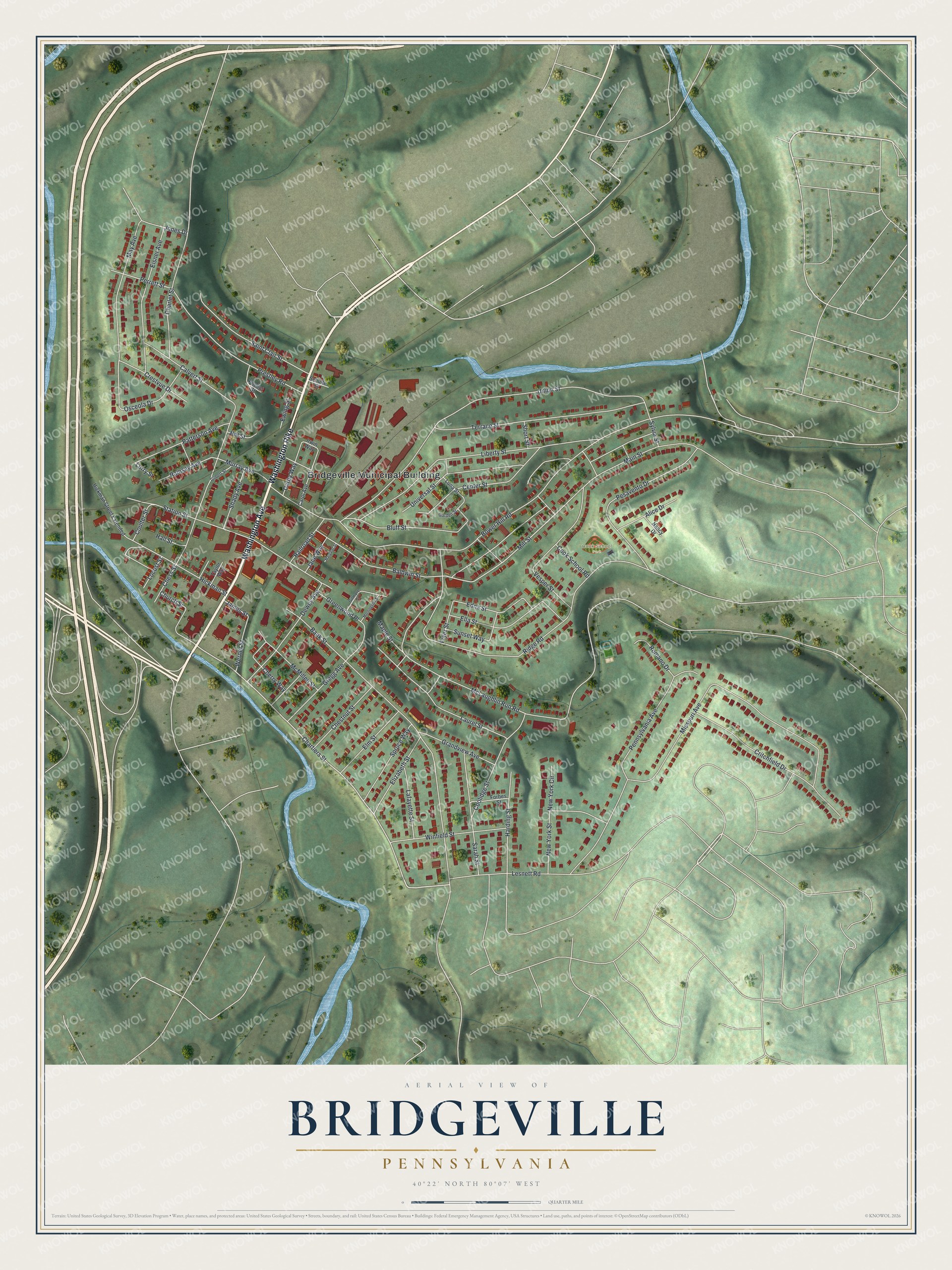 Full map of Bridgeville, Pennsylvania, with red buildings, printed street names and the land around them
