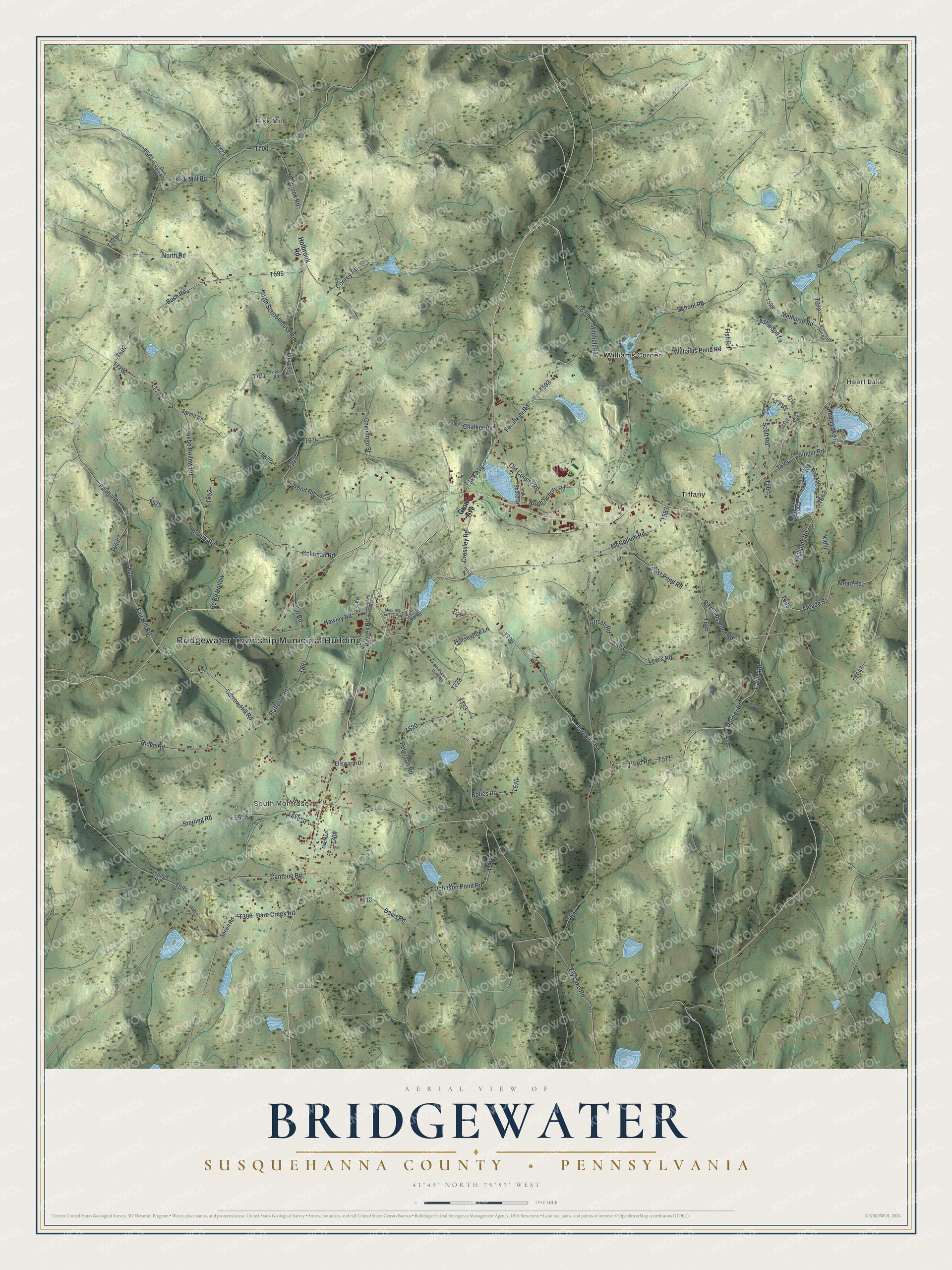 Full map of Bridgewater, Susquehanna County, Pennsylvania, with red buildings, printed street names and the land around them