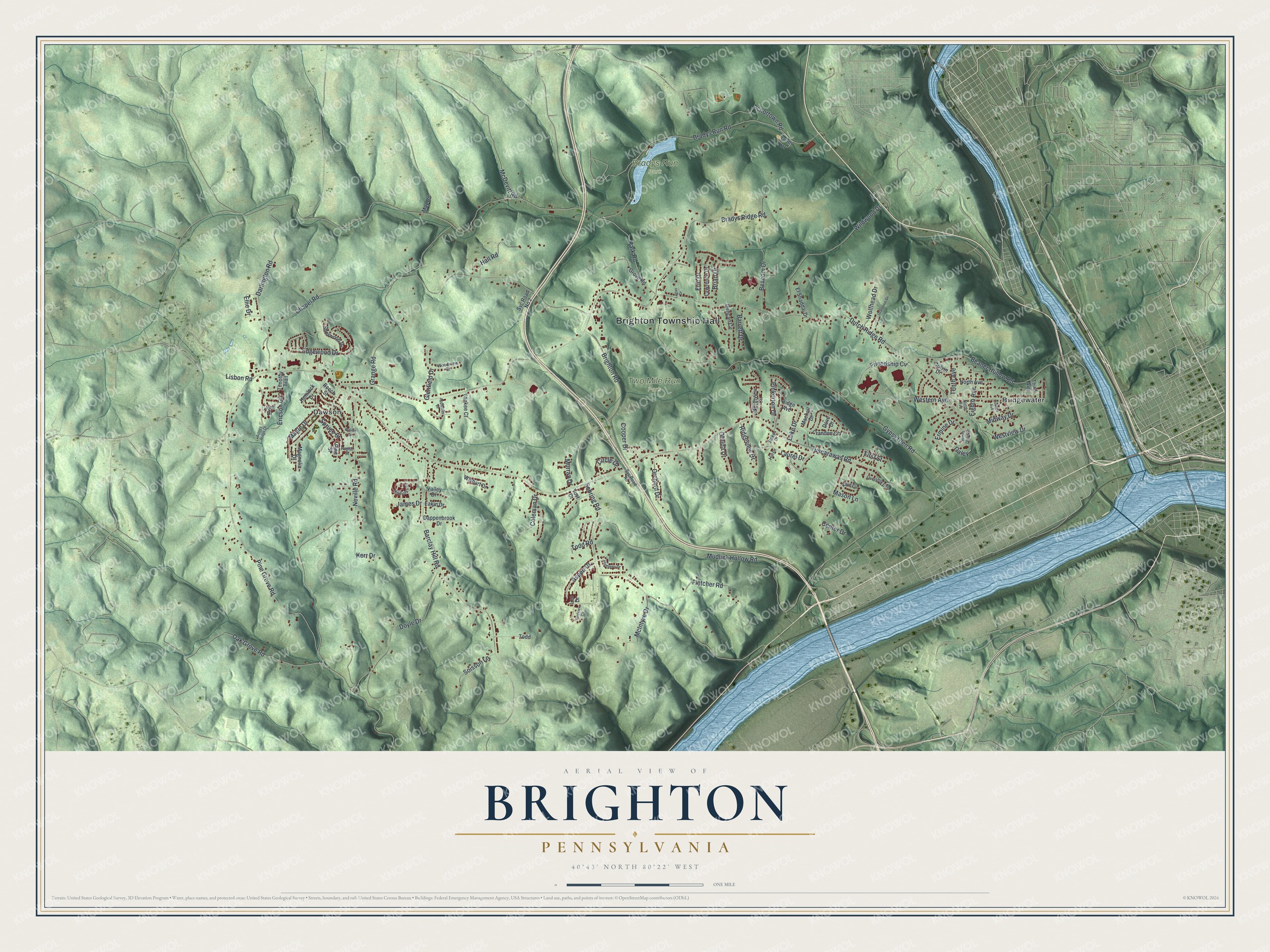 Full map of Brighton, Pennsylvania, with red buildings, printed street names and the land around them