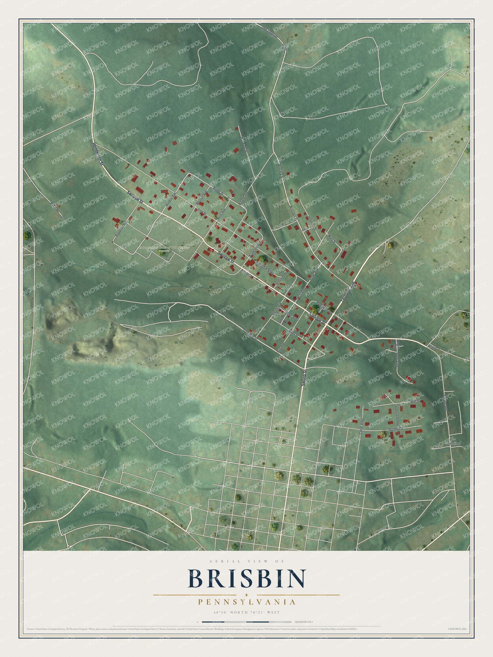 Full map of Brisbin, Pennsylvania, with red buildings, printed street names and the land around them