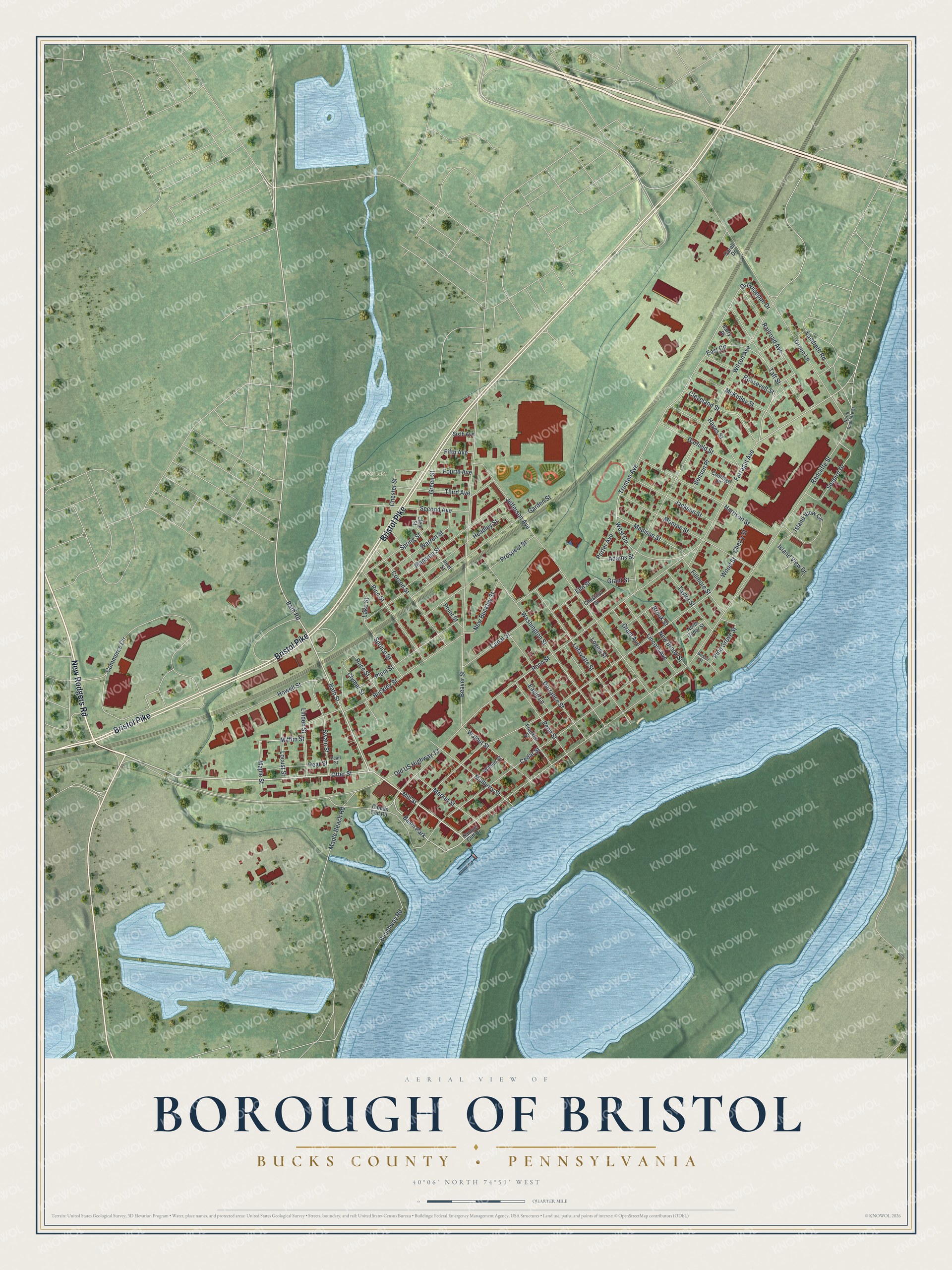 Full map of Bristol Borough, Pennsylvania, with red buildings, printed street names and the land around them
