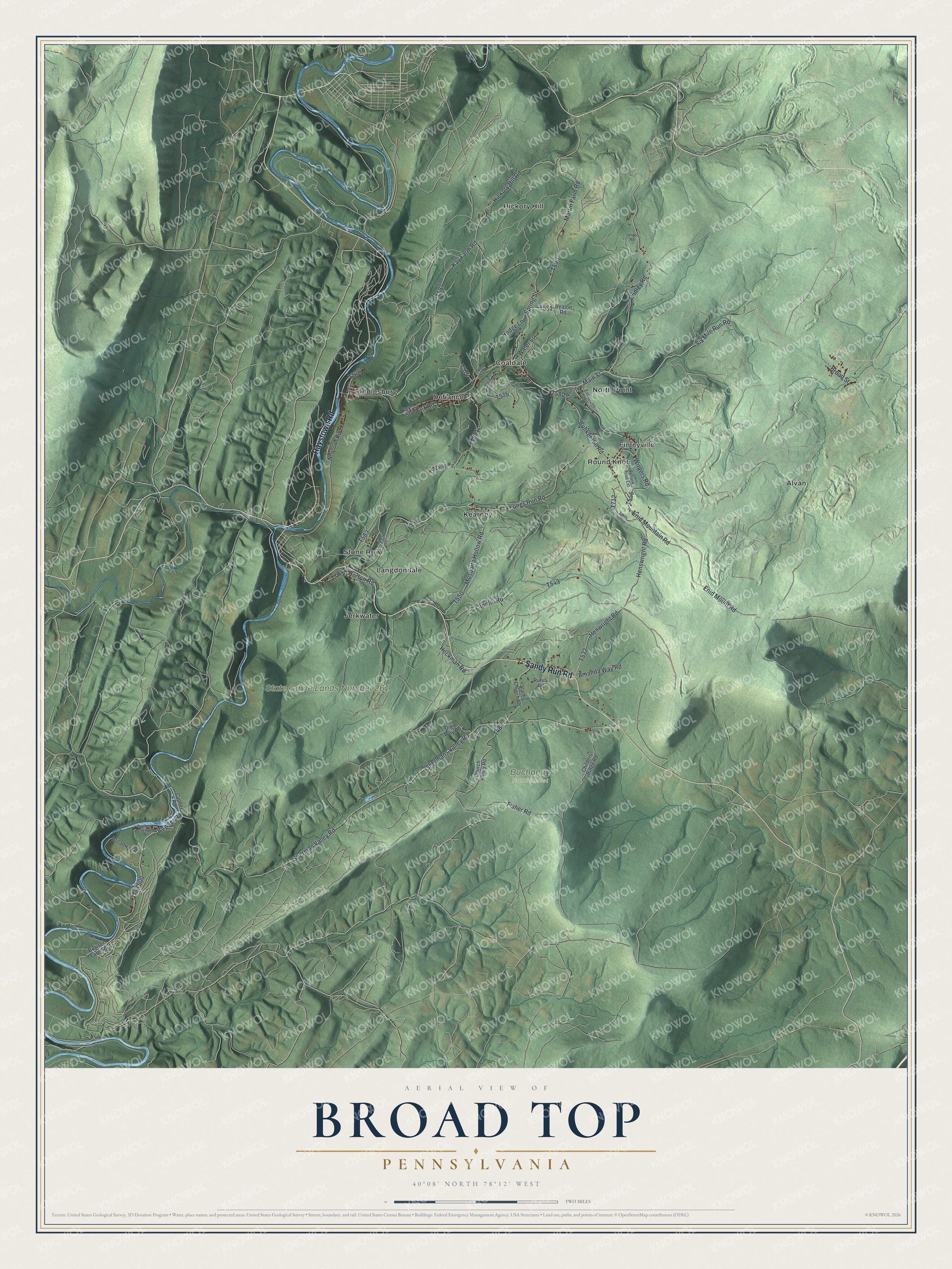 Full map of Broad Top, Pennsylvania, with red buildings, printed street names and the land around them