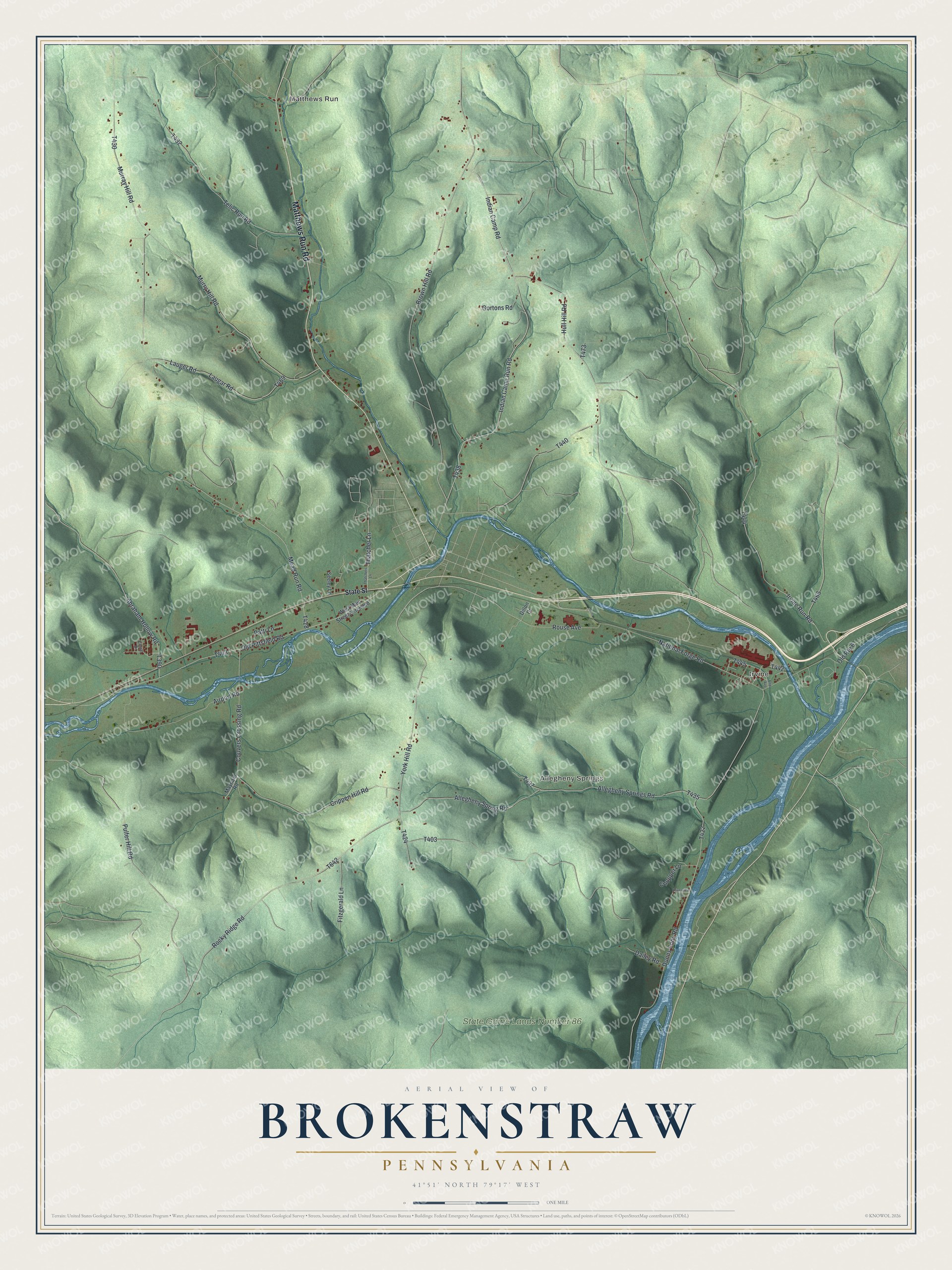 Full map of Brokenstraw, Pennsylvania, with red buildings, printed street names and the land around them