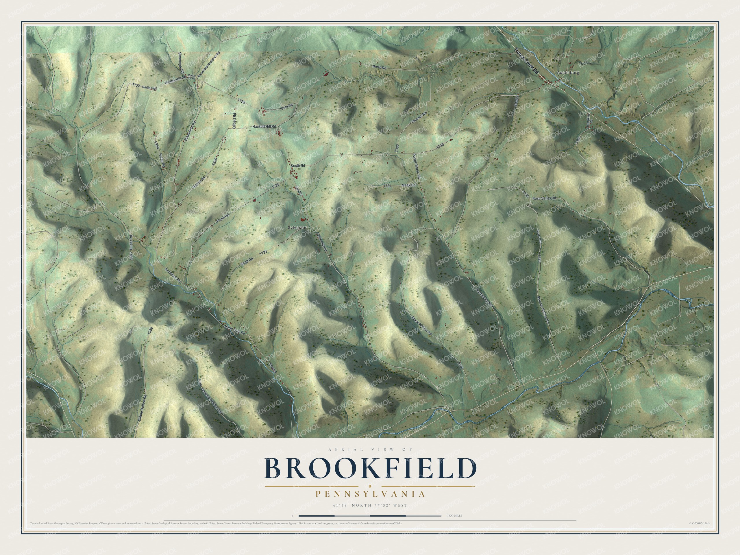 Full map of Brookfield, Pennsylvania, with red buildings, printed street names and the land around them