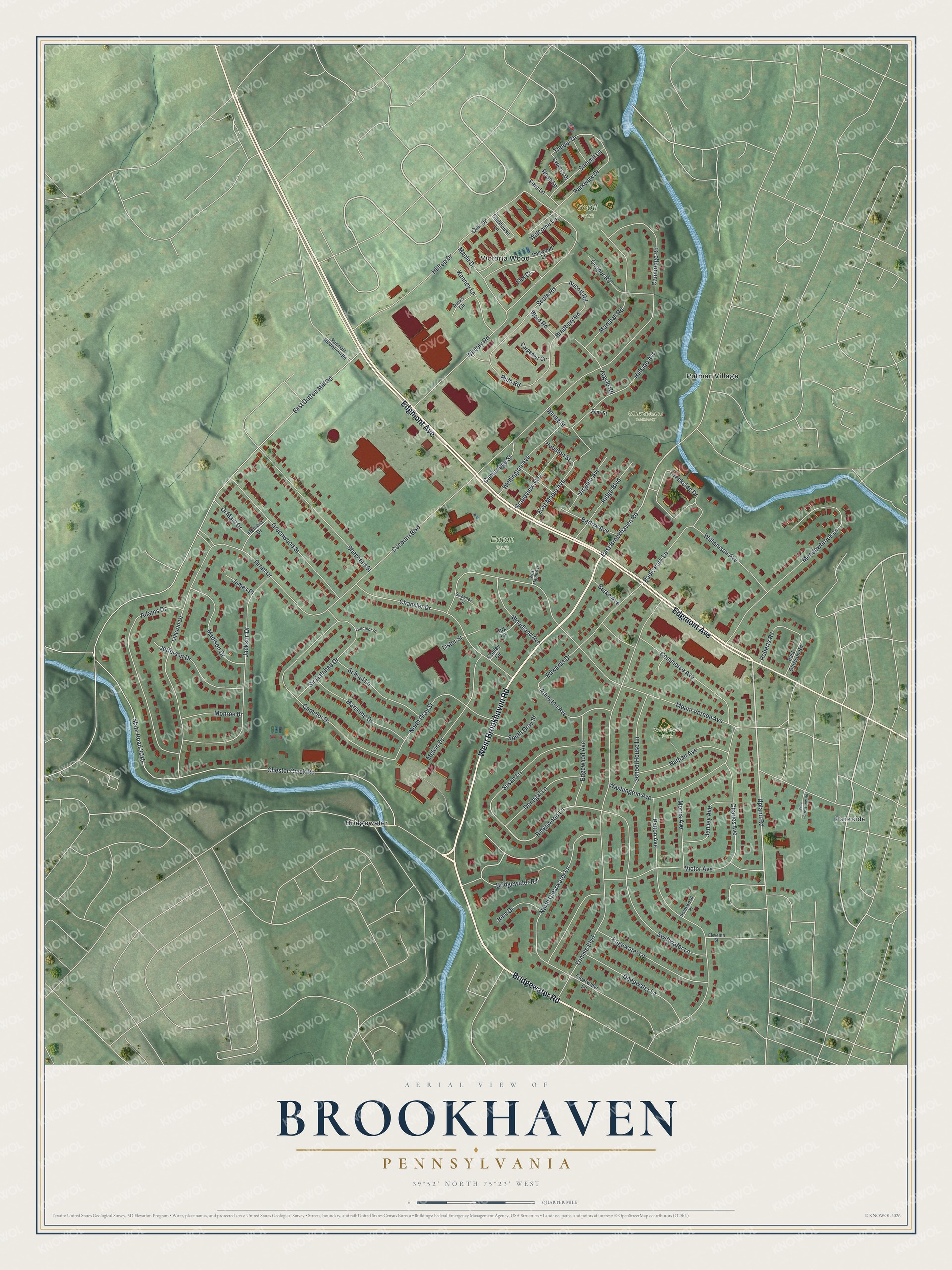 Full map of Brookhaven, Pennsylvania, with red buildings, printed street names and the land around them