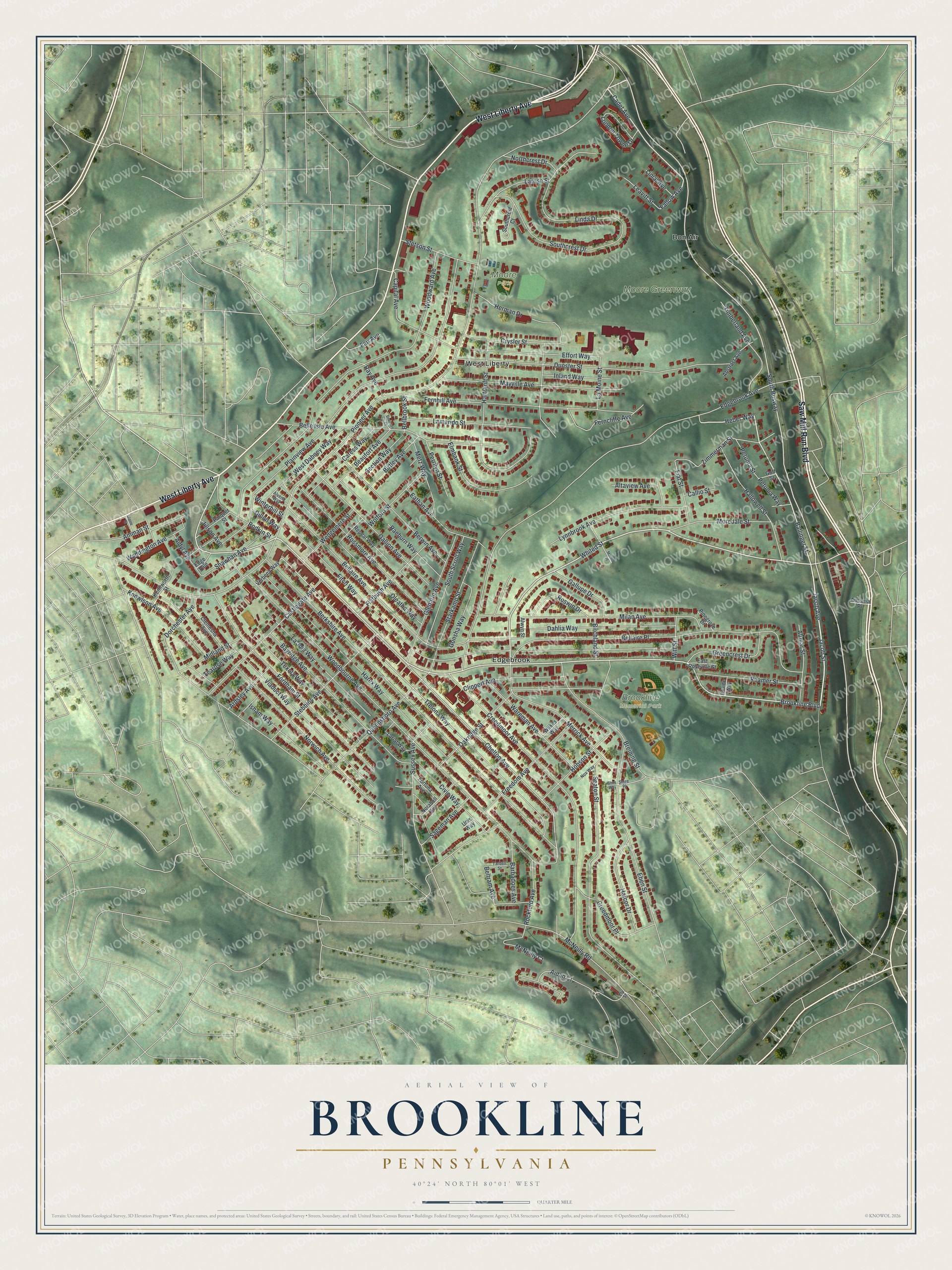 Aerial-style map of Brookline, Pennsylvania with red buildings on green shaded hills and a cream title panel
