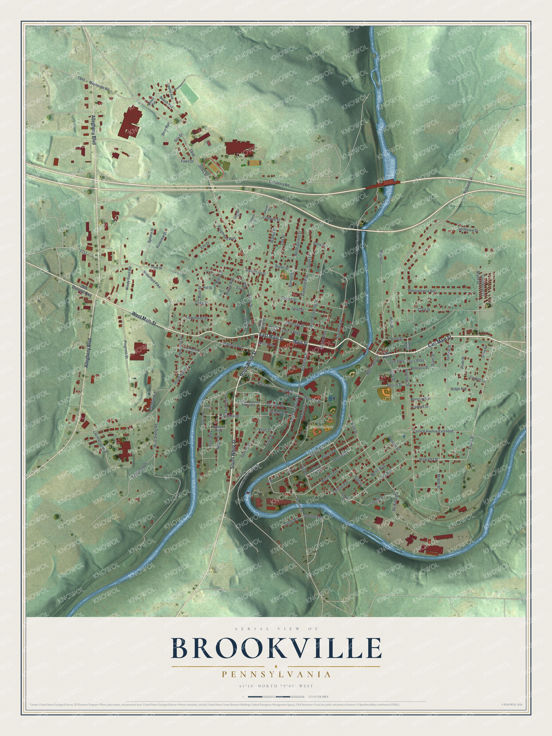 Full map of Brookville, Pennsylvania, with red buildings, printed street names and the land around them