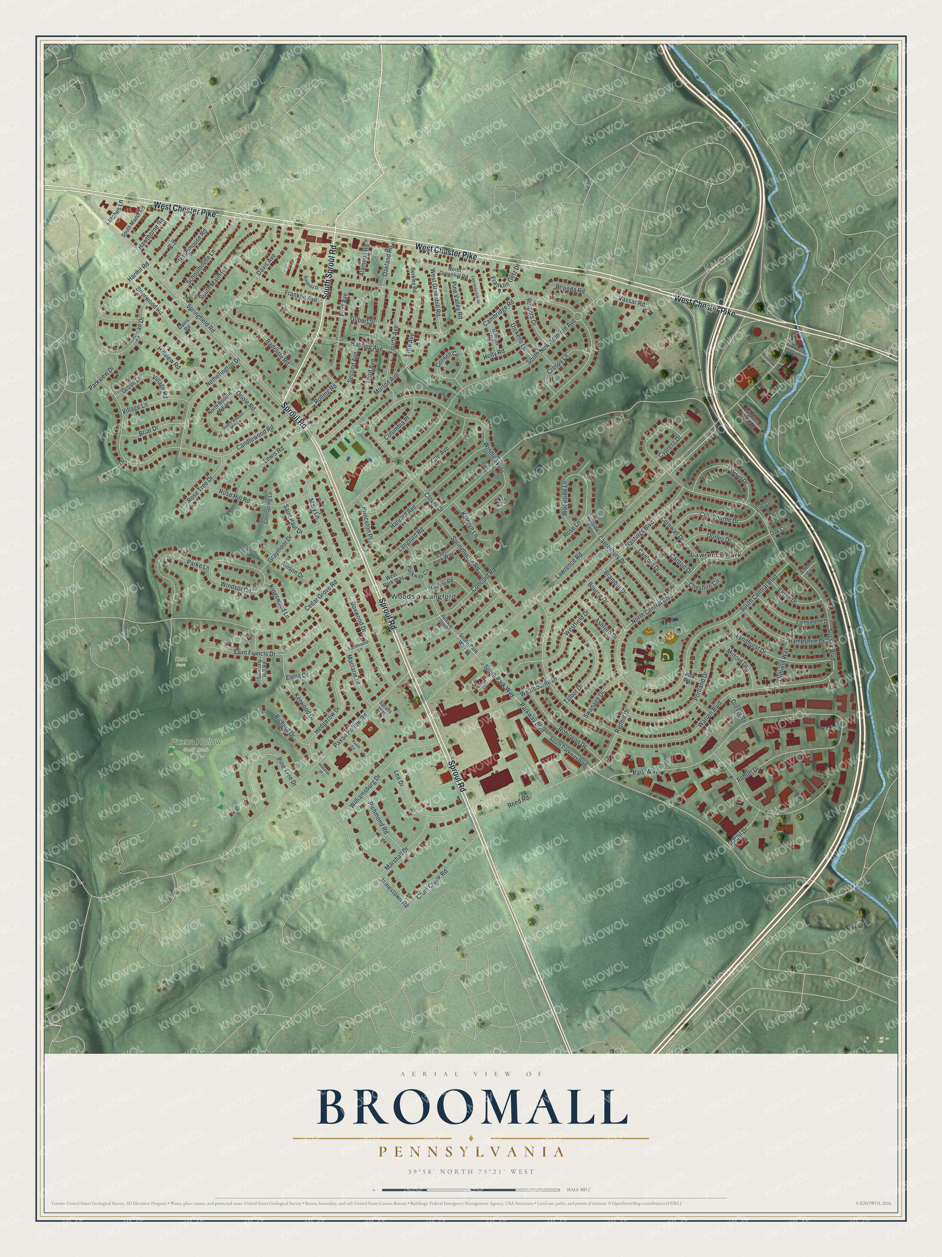 Full map of Broomall, Pennsylvania, with red buildings, printed street names and the land around them